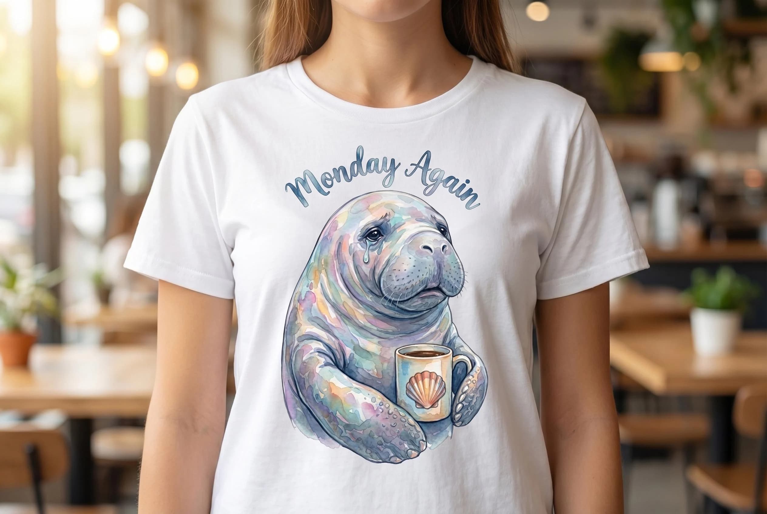 T-shirt with Monday Again manatee clipart PNG — sad sitting manatee with pastel patchwork watercolor body in blue, teal and lavender, single tear, holding shell coffee mug, "Monday Again" in blue script above. Bundle design placement example.