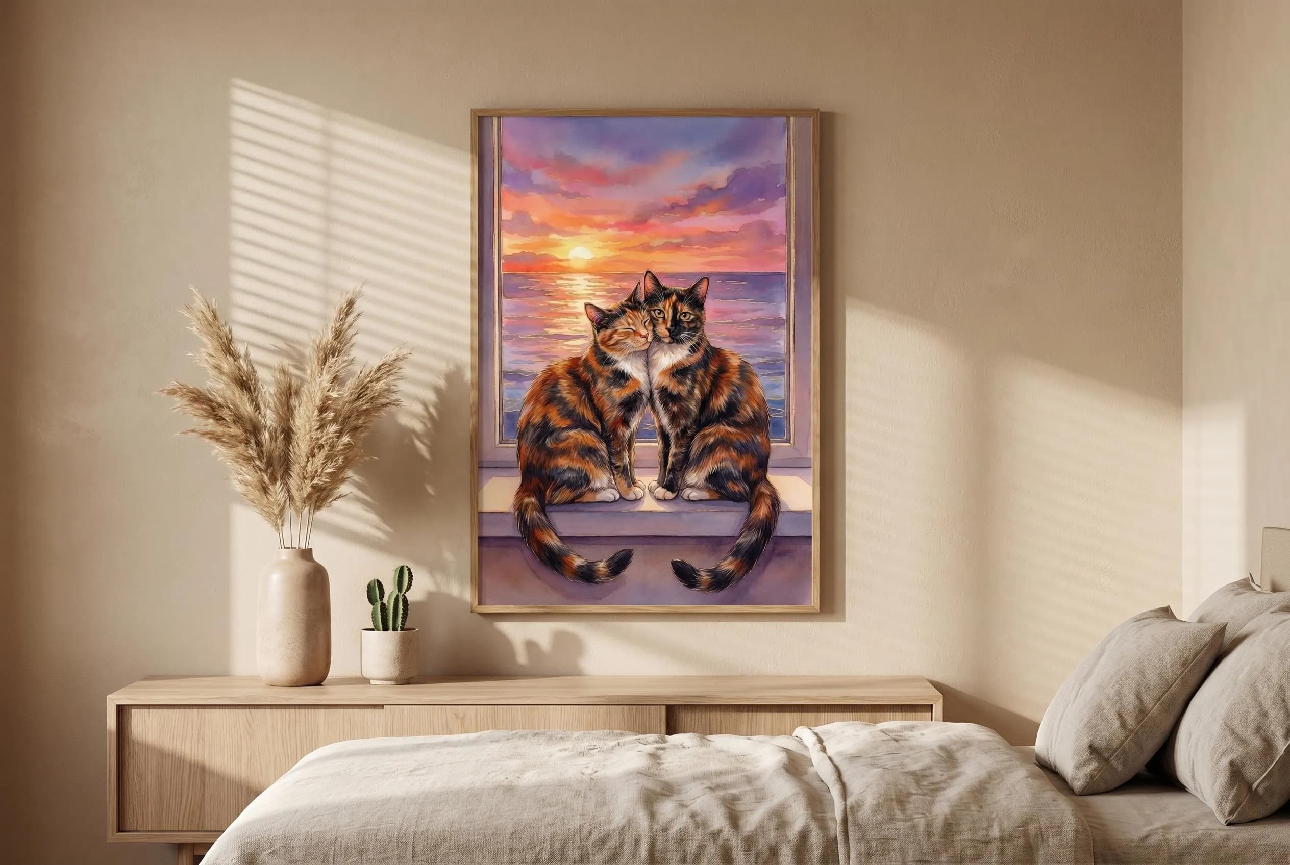 Close-up watercolor painting of two tortie cats cuddling on a windowsill overlooking the ocean at dusk. The cats have highly detailed tortoiseshell coats — irregular patches of amber, rust, near-black and cream, softly blended with watercolor washes. Both cats are shown from the front, tails down, paws resting on the ledge. Behind them: a dramatic sunset sky with large billowing clouds in purple, magenta, deep rose, setting sun, and a calm sea glowing with warm orange-gold reflection.