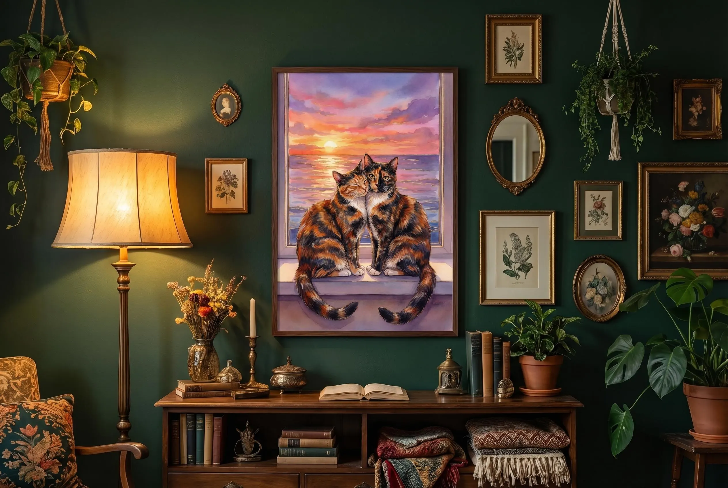 Tortoiseshell cat watercolor poster — two tortie cats sitting side by side on a window ledge, their bodies close, tails hanging down and curving slightly outward. Classic tortoiseshell coat in warm orange-brown-black patchwork, painted with expressive watercolor brushwork and gold line accents on the window frame. The background shows a sweeping ocean sunset: dramatic storm-edged clouds in purple and magenta, brilliant orange sun on the horizon, calm sea glowing with reflected light below.