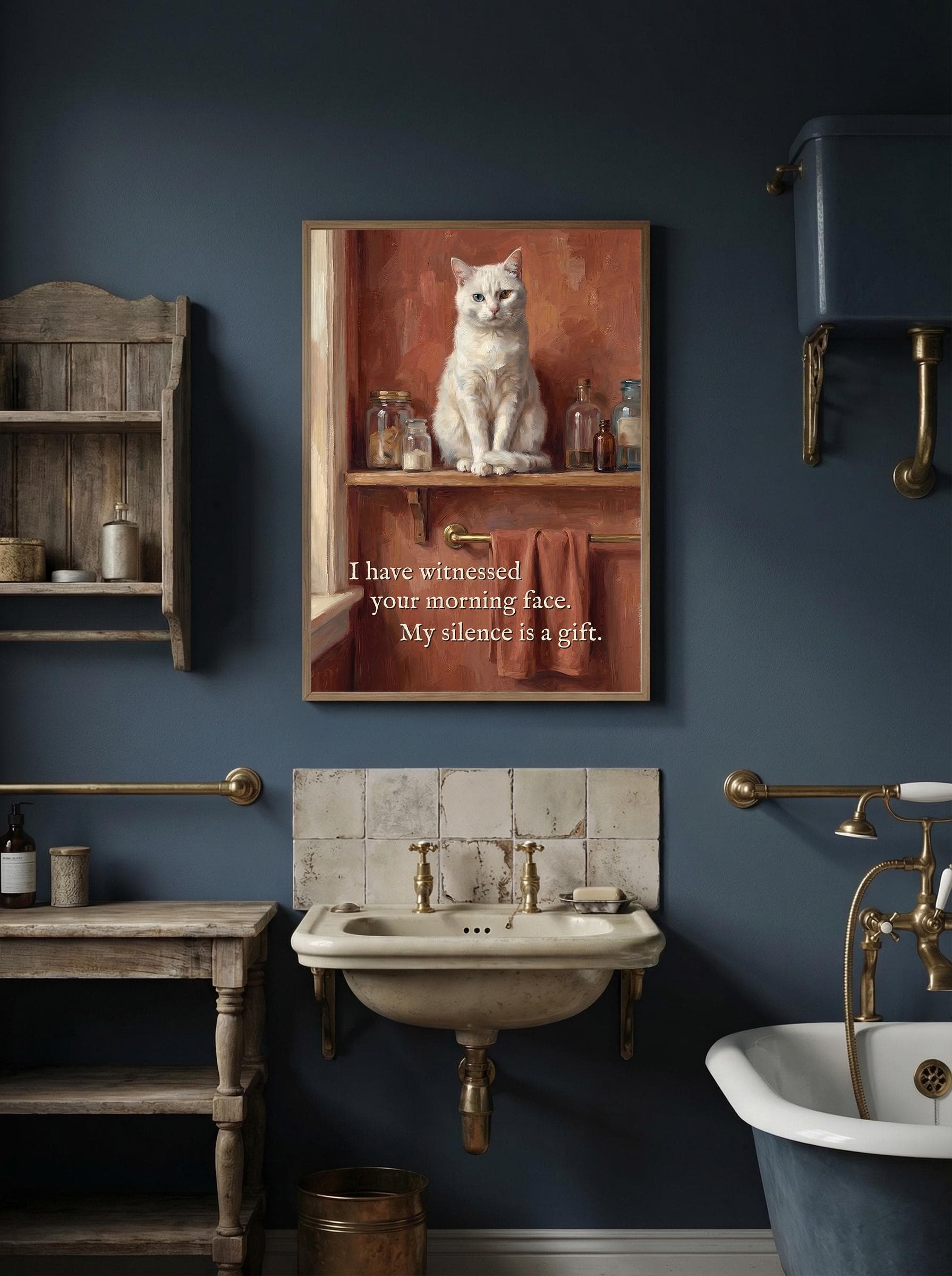 White cat bathroom art in oil painting style. Pale cat with blue eyes on a shelf above a brass towel bar, glass jars beside it, deep terracotta and warm brown oil painting palette. Caption: "I have witnessed your morning face. My silence is a gift." Toilet poster with attitude.