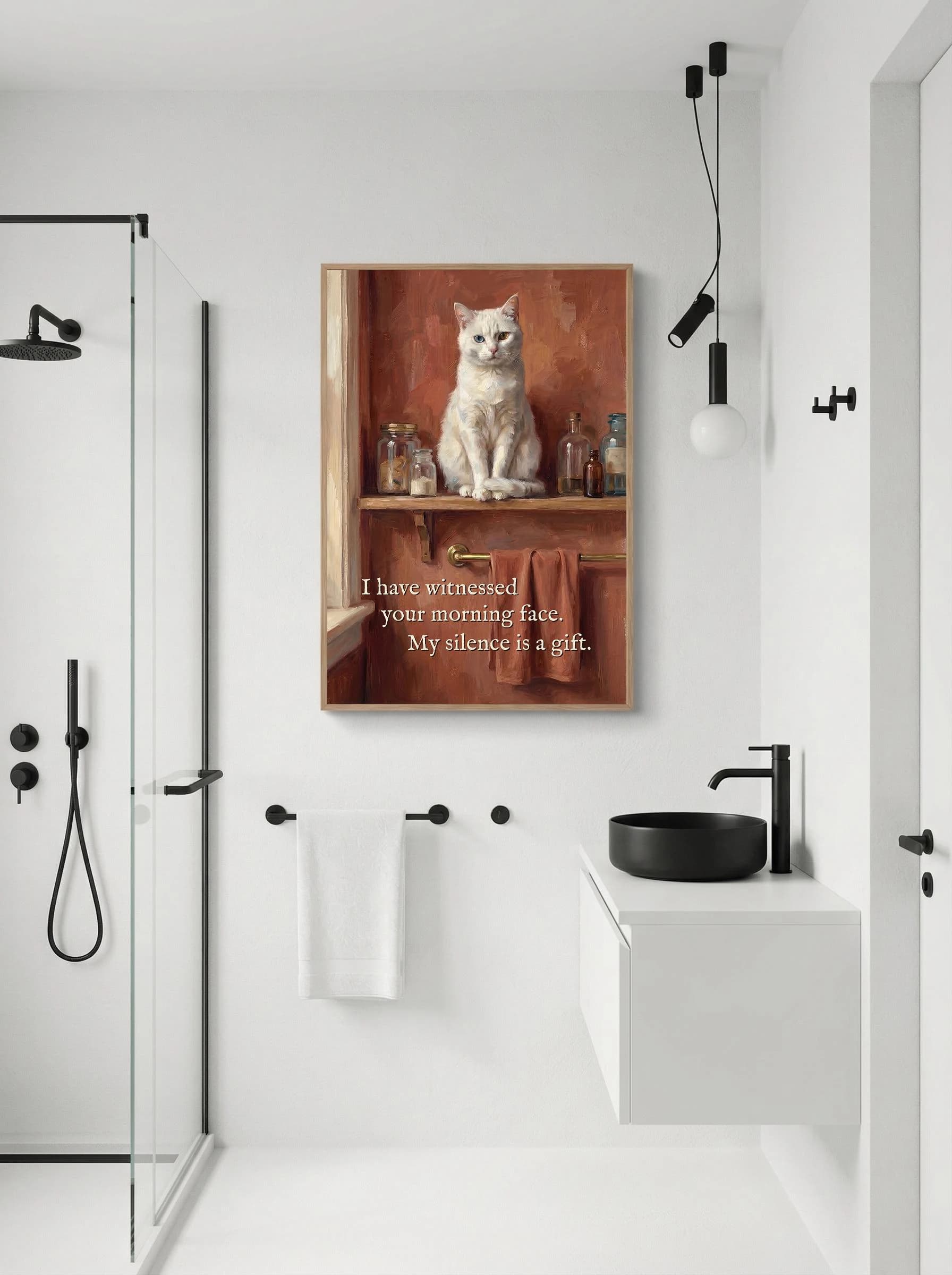 Sarcastic cat poster, oil painting aesthetic. White cat sitting on a bathroom shelf with jars and brown bottles, warm rust and terracotta background, impressionist brushwork. Quote: "I have witnessed your morning face. My silence is a gift." Funny bathroom wall art digital download.