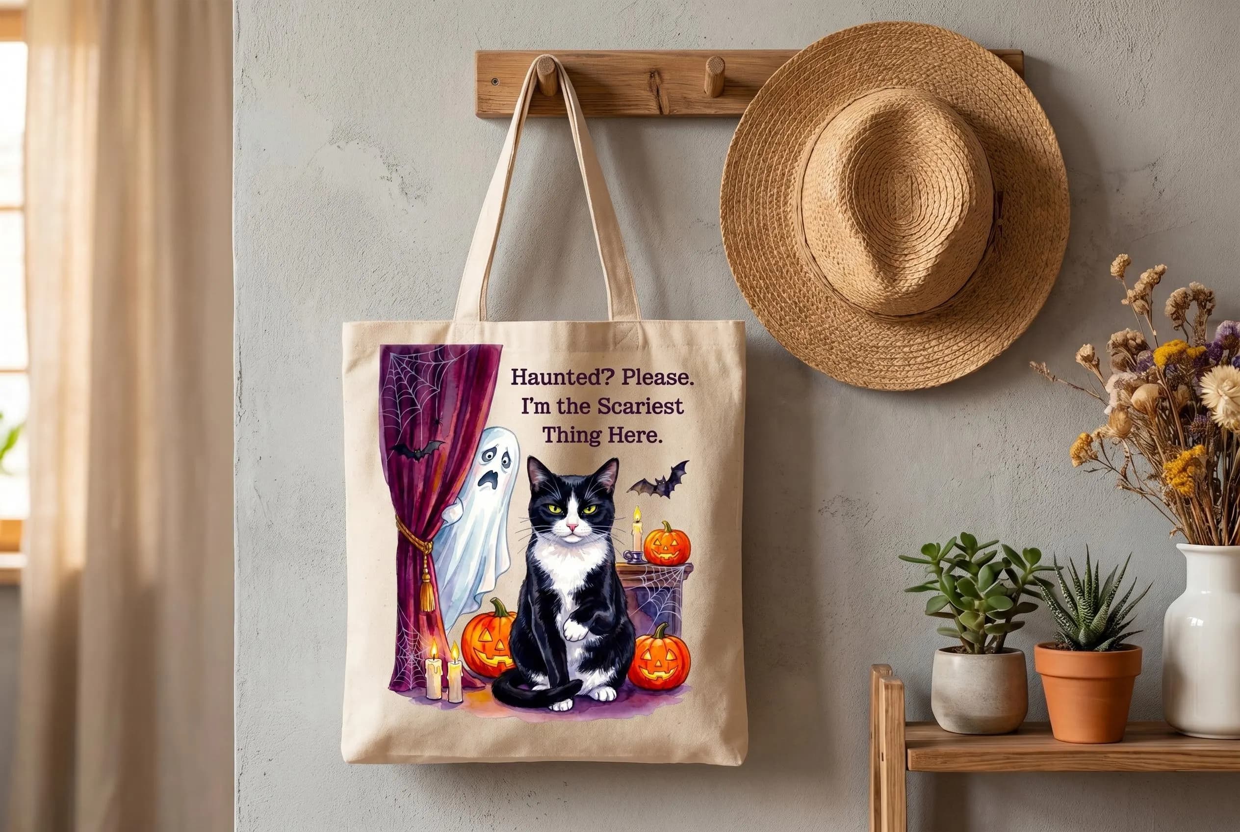 Cat Halloween white tote bag — black and white tuxedo cat with bright yellow eyes, frightened ghost behind curtain, Halloween pumpkins, candles, spiderweb with spider, bats. Funny Halloween trending shirt design.