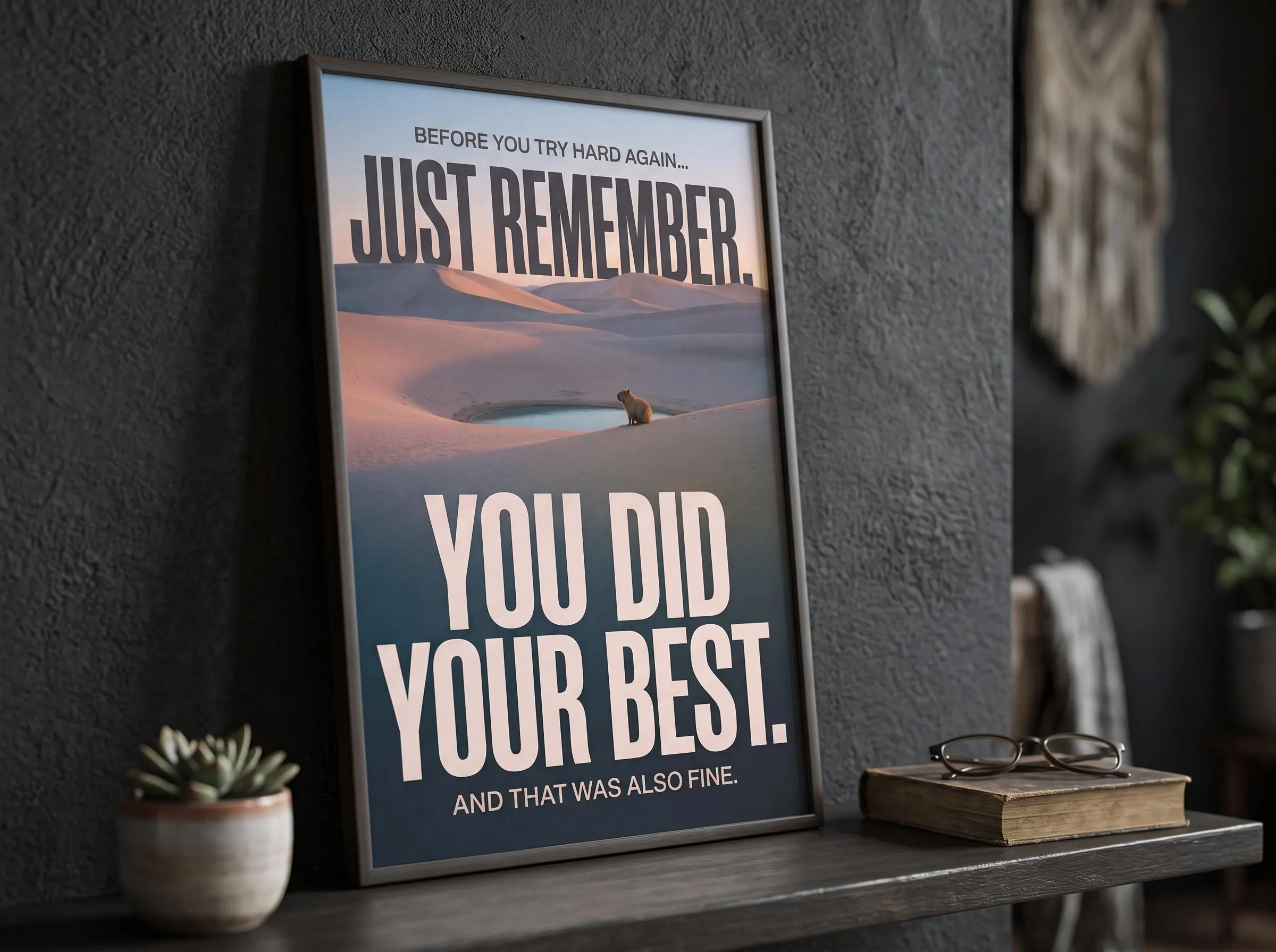 Emotional support poster mental health print showing a capybara beside a mirror-still oasis in cinematic dune landscape. Bold cream lettering delivers deadpan permission to rest. A sarcastic motivation typography poster with dusk desert mood.