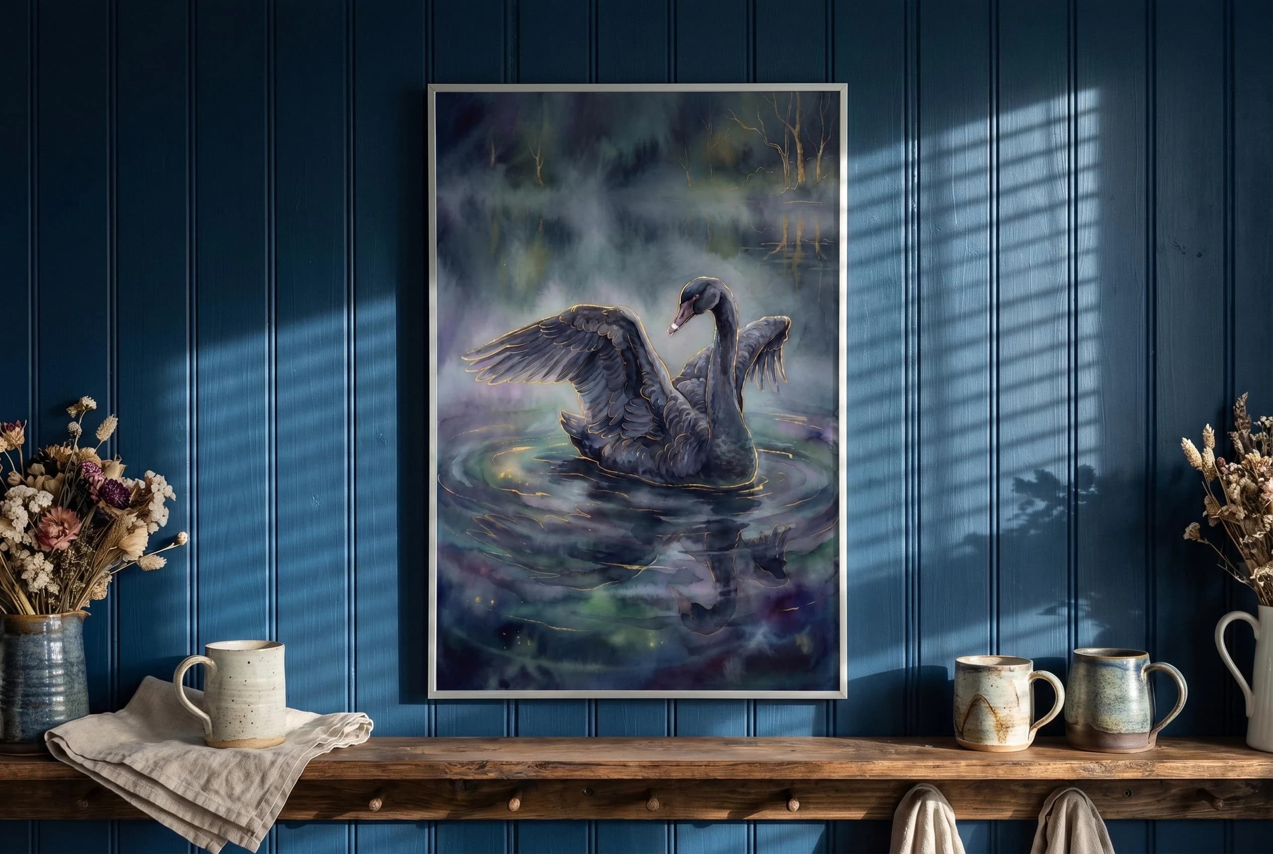 Black Swan Poster | Swan Watercolor Print | Dark Academia Wall Art | Lake House Decor | Cottagecore