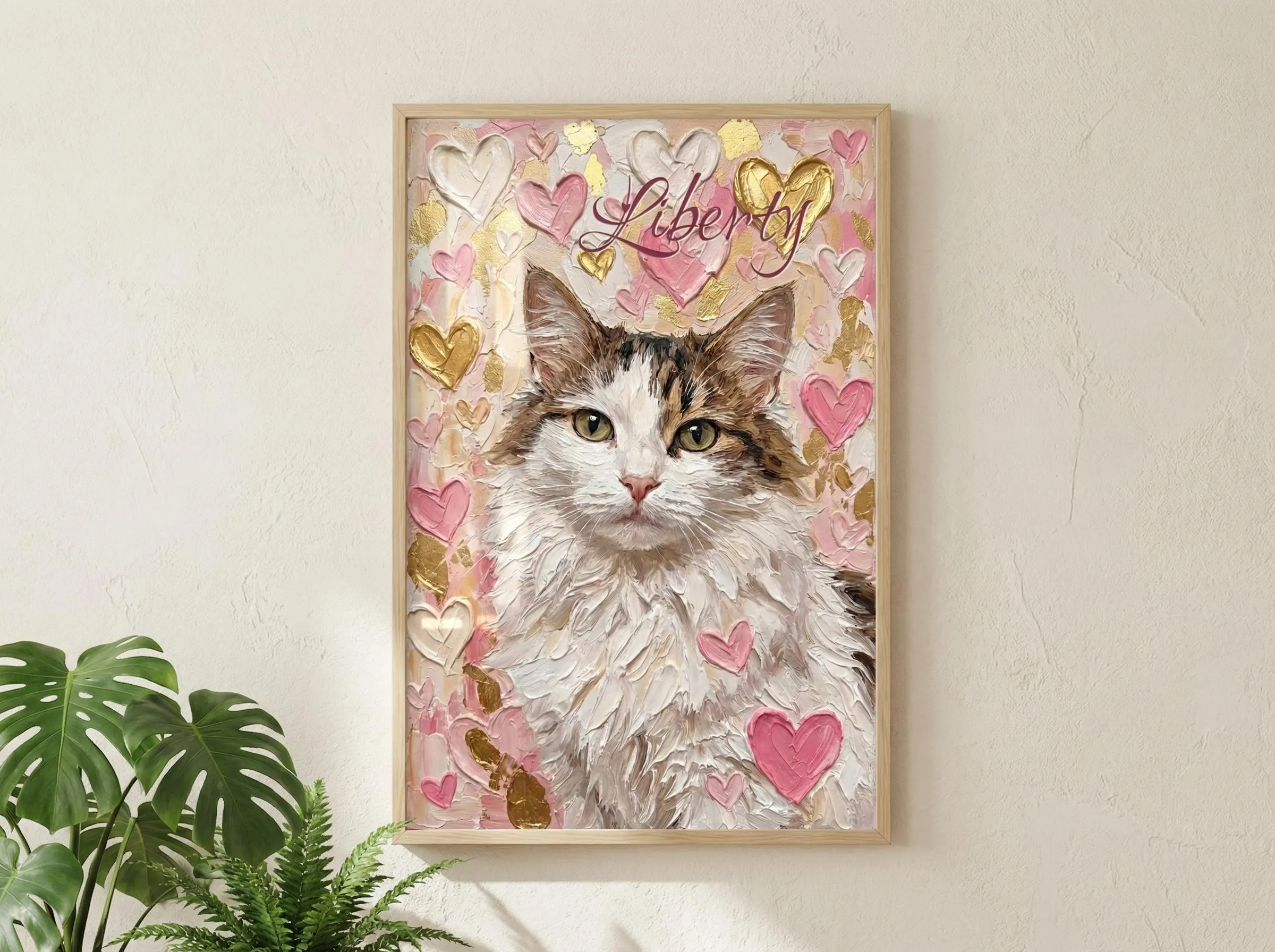 Pet poster with personalized name and heart arrangement — custom pet portrait showing your cat or dog among soft pink coral and shimmering gold hearts in various sizes, watercolor and glitter effects. Cat lover gift or dog lover gift, impasto oil painting style for coquette aesthetic or pet memorial maximalist decor.
