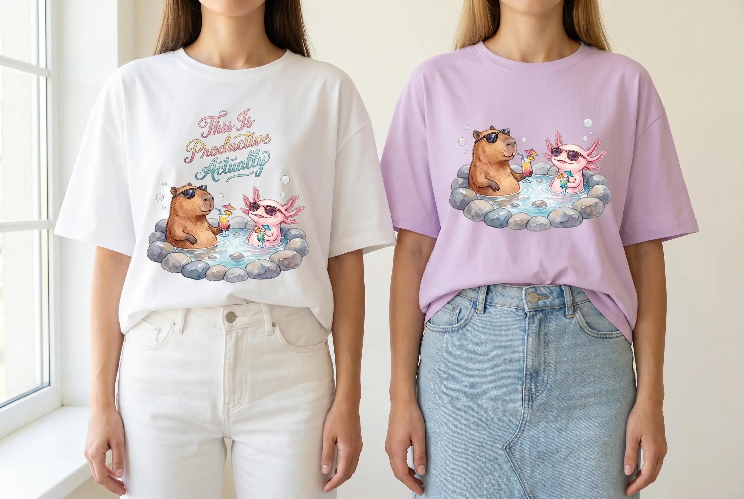 Two t-shirts with Capybara Axolotl PNG — white tee with "This Is Productive Actually" retro gradient script above a watercolor capybara and pink axolotl in black sunglasses relaxing in a stone hot spring with cocktails, and lavender tee with the same illustration without text. Print-on-demand capybara shirt meme placement example.