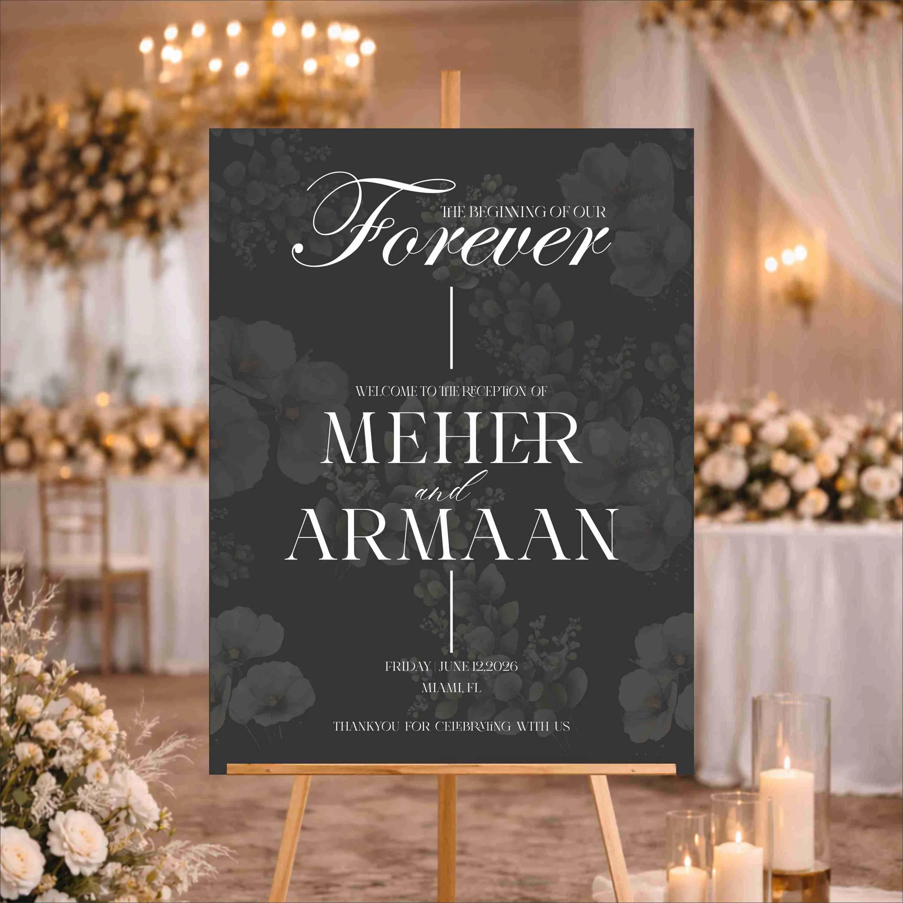 Custom Acrylic printed Wedding Welcome Sign | Black Reception Entrance Sign