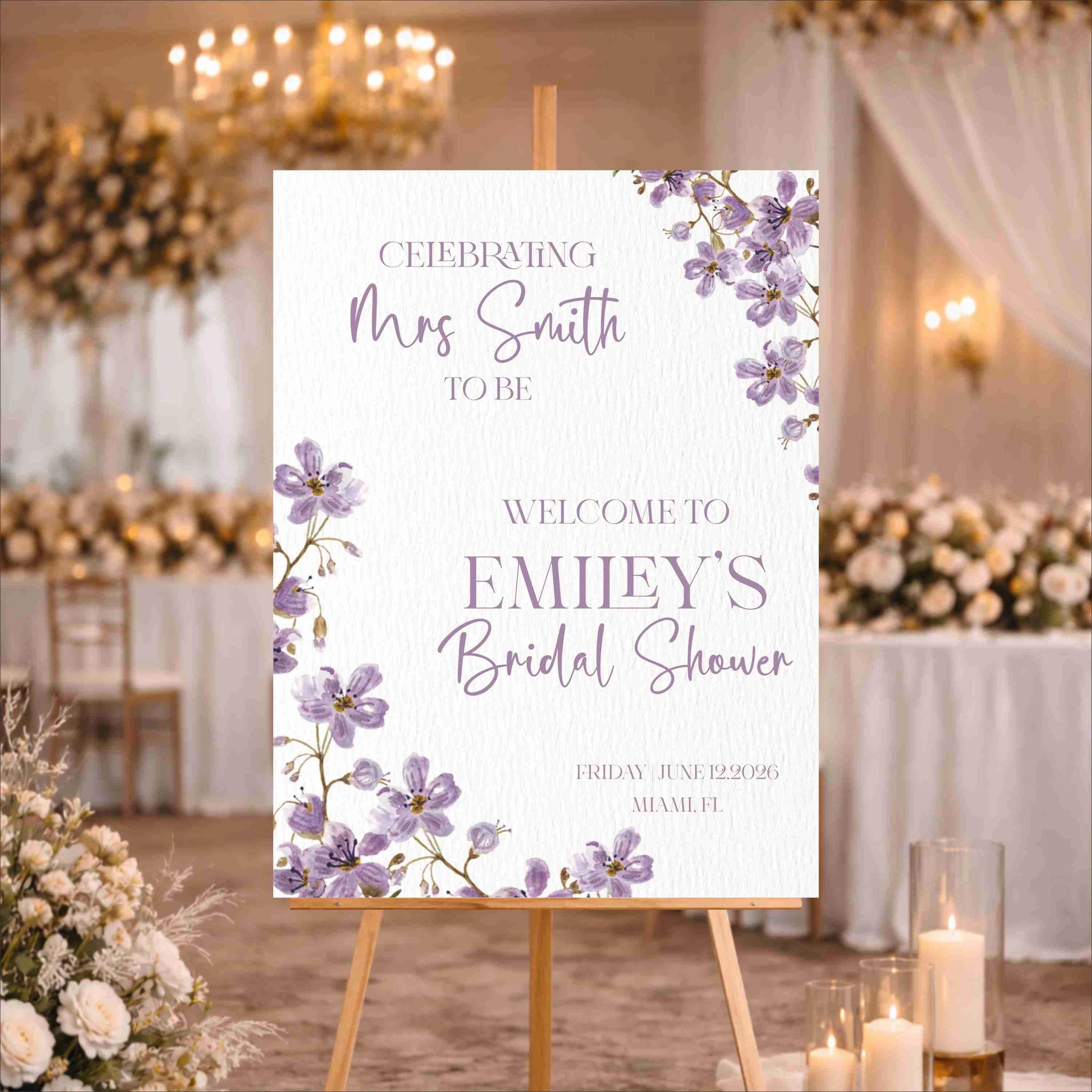 Printed Acrylic Bridal Shower Welcome Sign | Lilac Floral Design