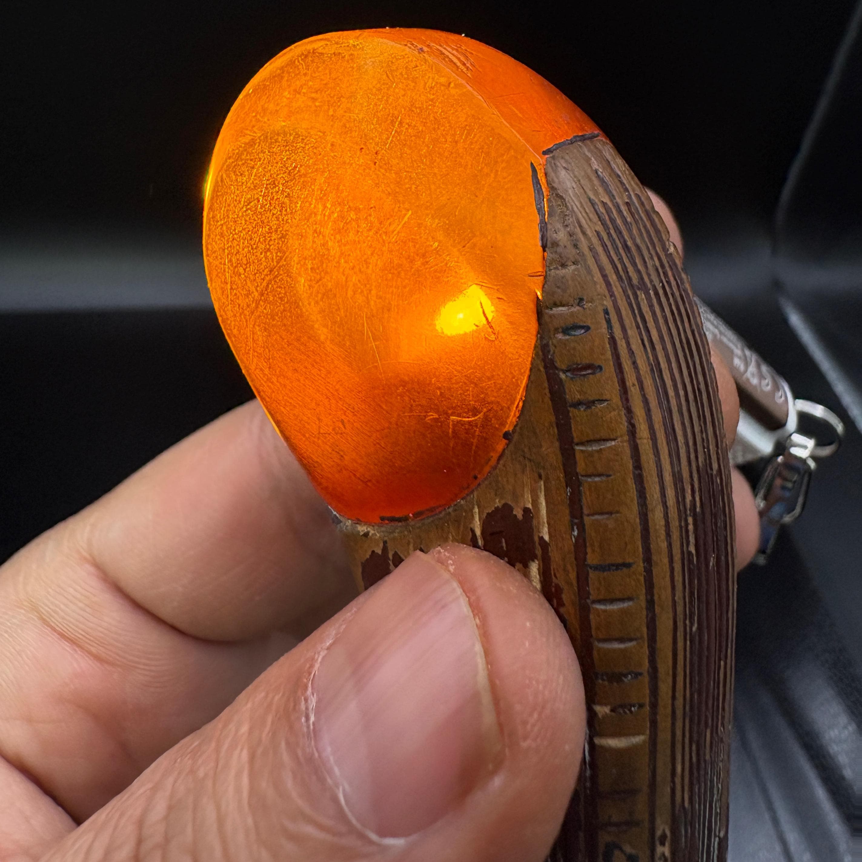Vintage Catalin Bakelite Umbrella Handle 1940s Transparent Amber Red Wooden Grip Art Deco Collectible - image 3