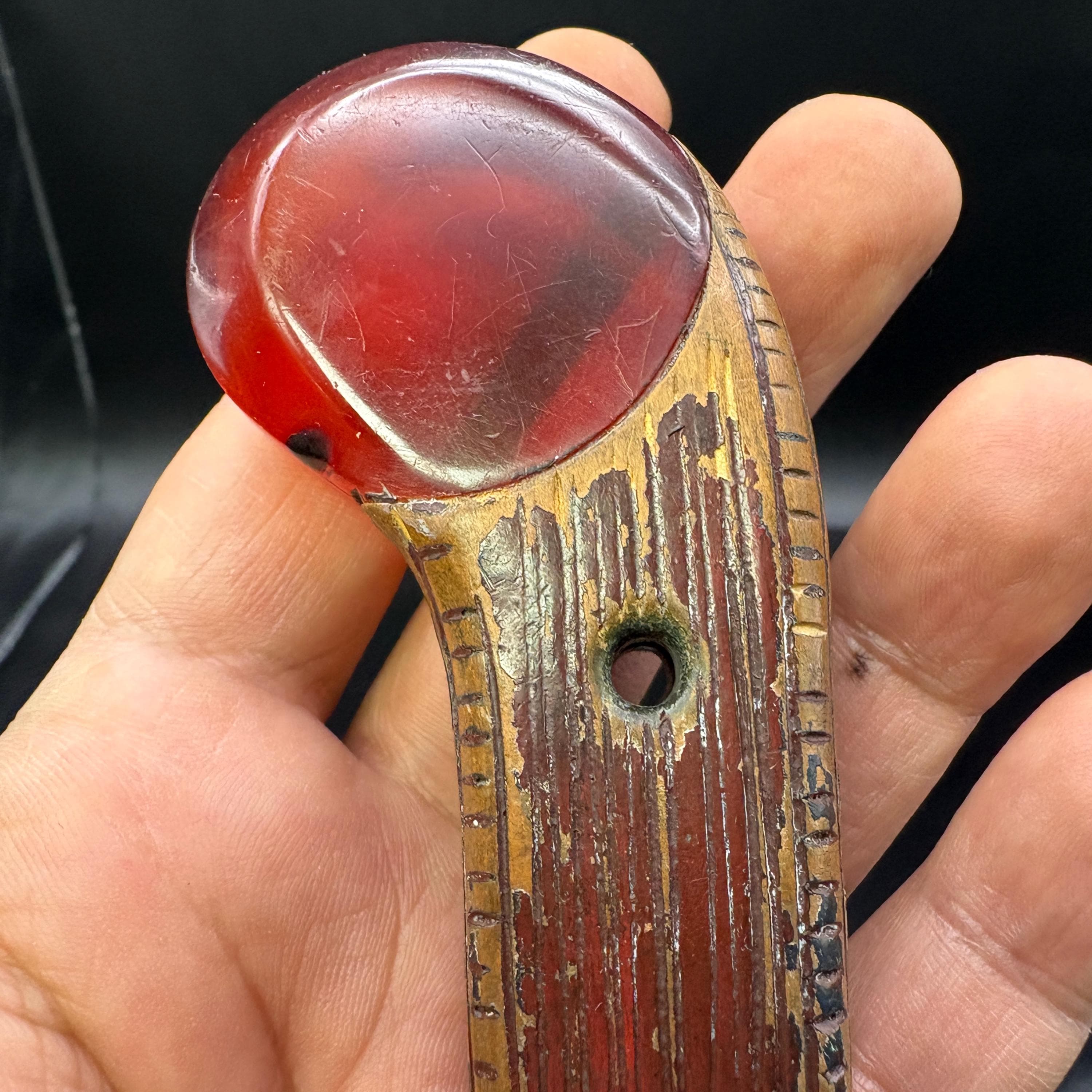 Vintage Catalin Bakelite Umbrella Handle 1940s Transparent Amber Red Wooden Grip Art Deco Collectible - image 5