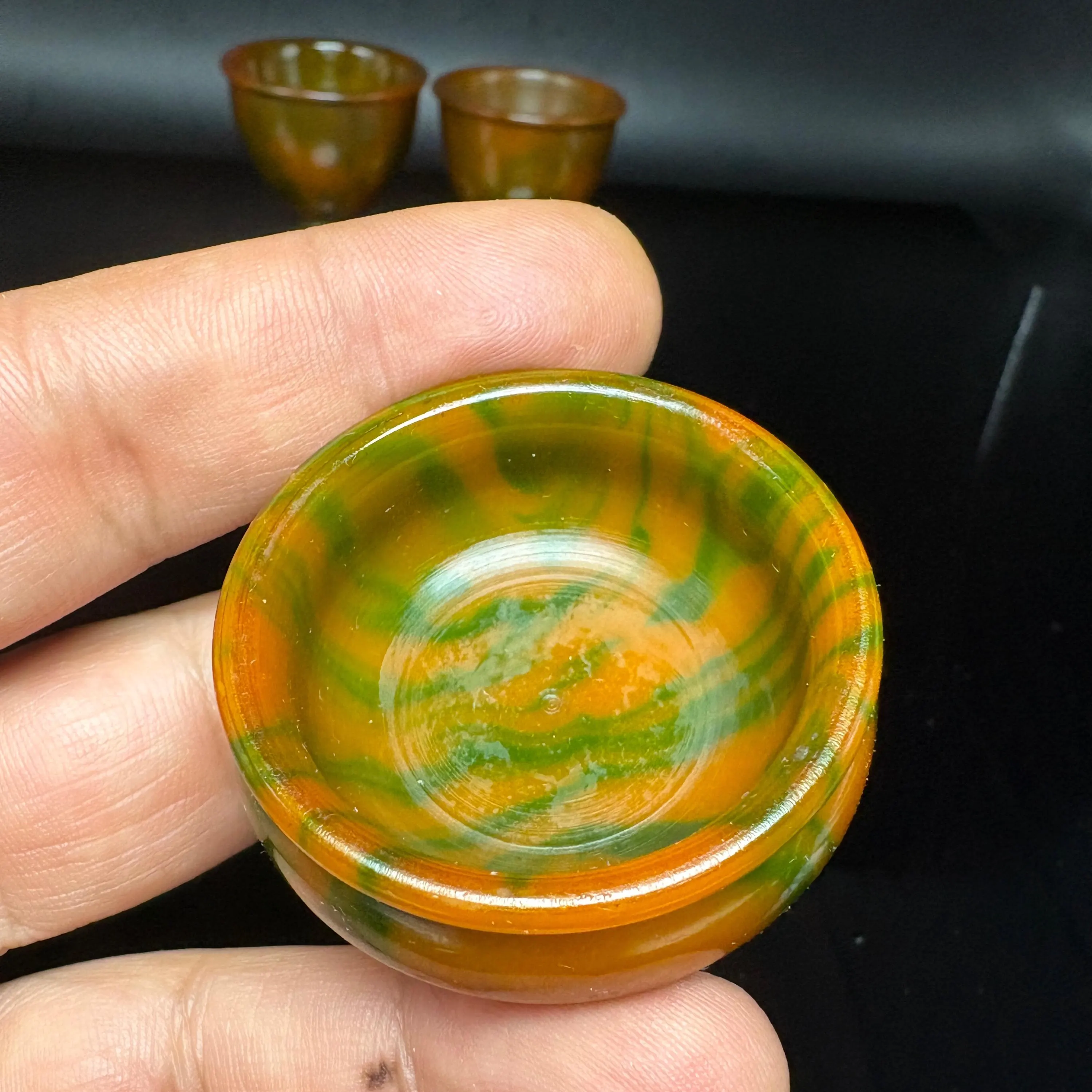 Multicolor Antique Catalin Art Deco Collector Set, Marbled Bakelite Mini Display Bowls 3pcs - image 4