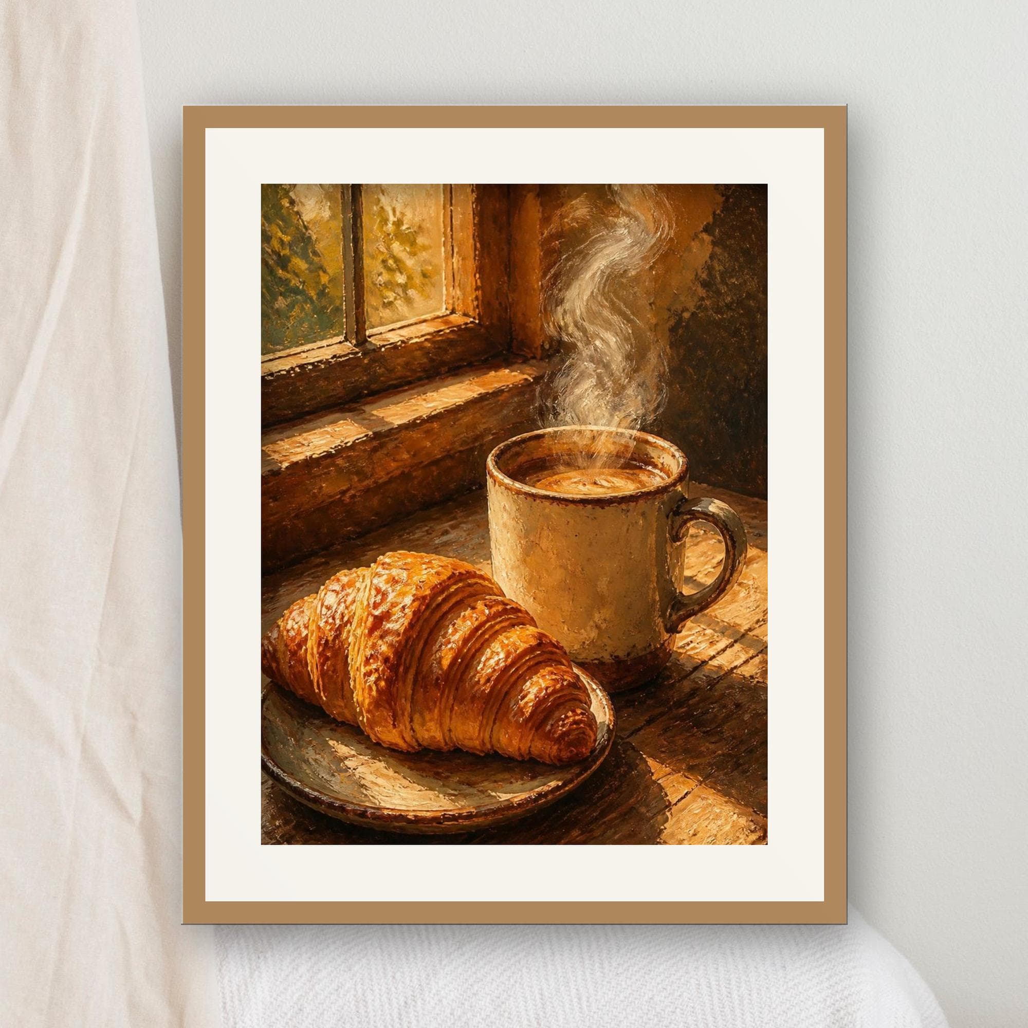Coffee and Croissant Print, Morning Coffee Oil Painting, Kitchen Wall Art, Coffee Bar Decor, Cozy Cafe Art, Printable Wall Art, Download - image 2