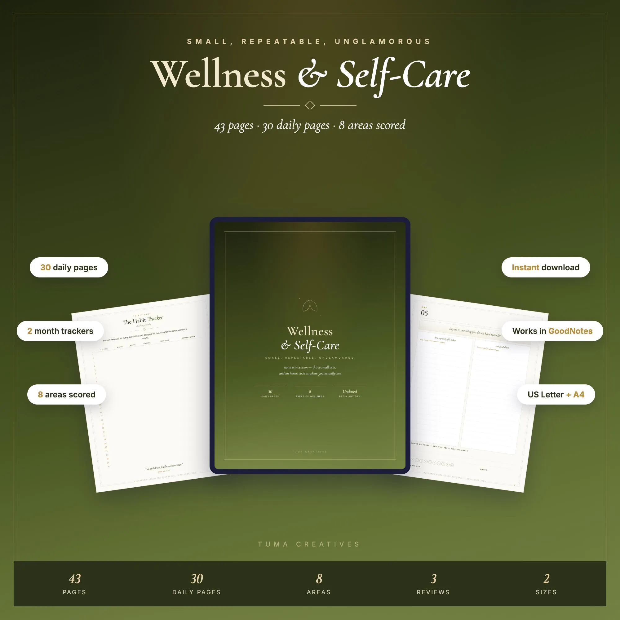 Wellness & Self Care Planner | 43 Pages | 30 Daily Pages, Habit Mood Trackers | Goodnotes iPad | Printable Digital Download