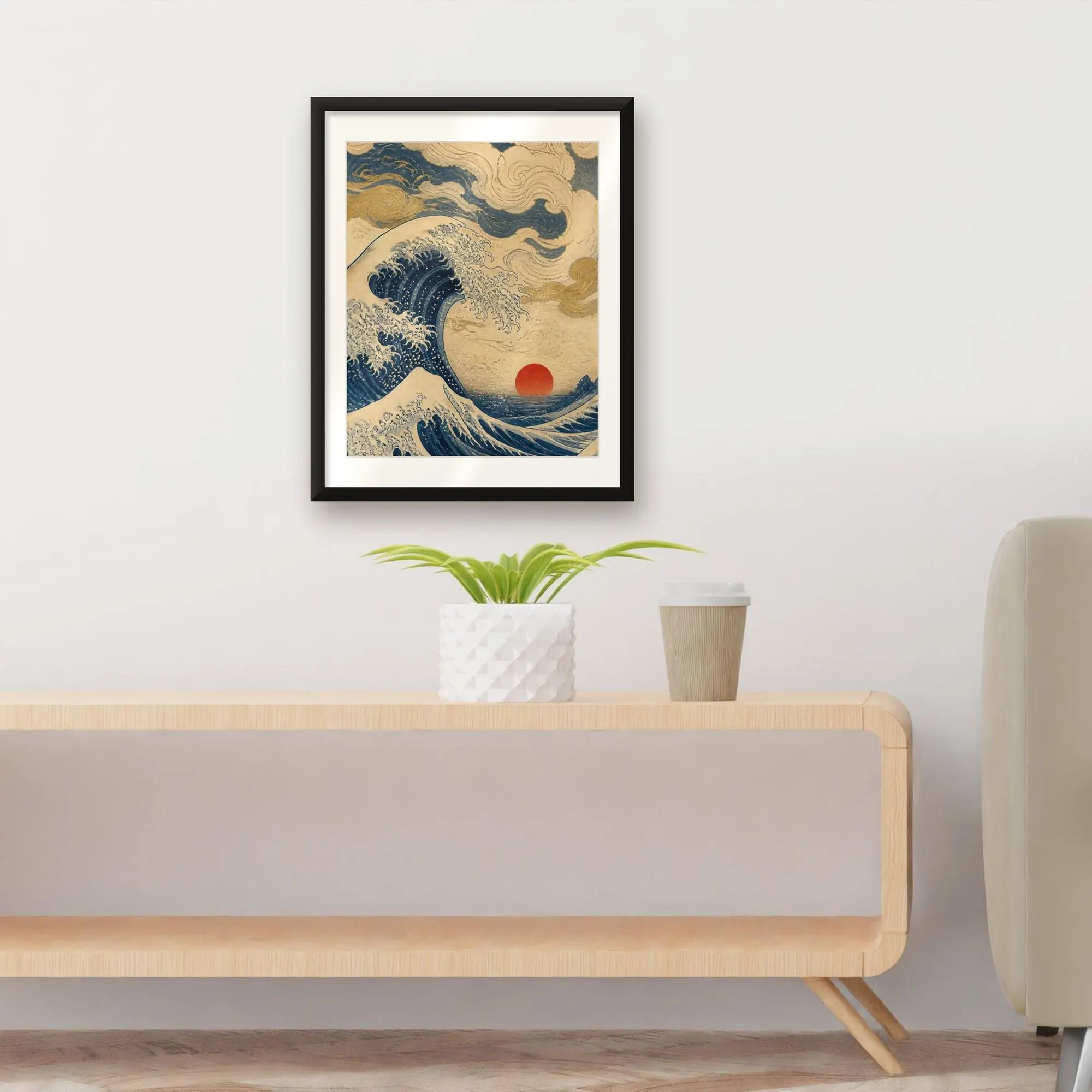 Great Wave Japanese Wall Art Print, Vintage Japanese Woodblock Poster, Navy and Beige Ocean Wave Art, Printable Wall Art, Digital Download - image 3