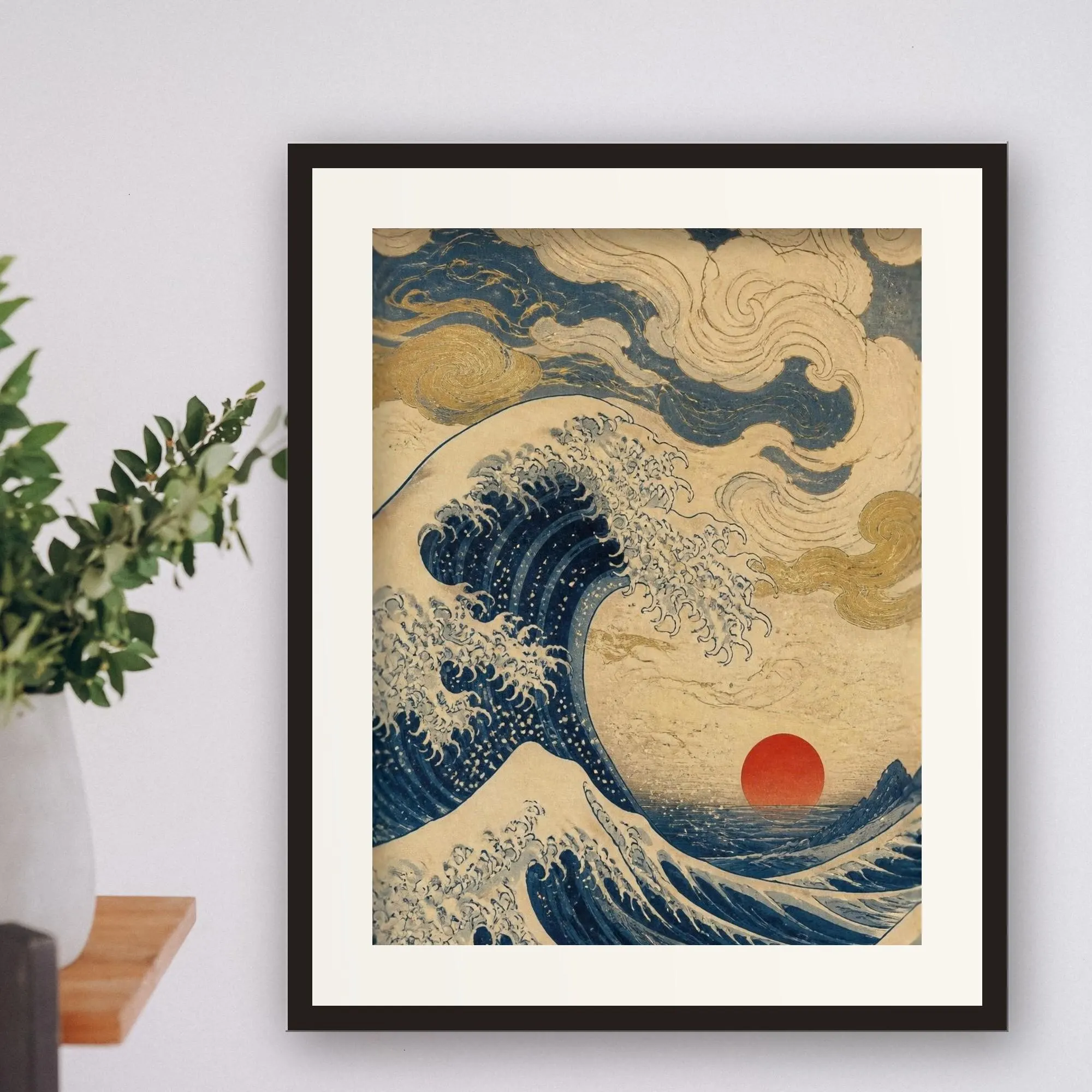 Great Wave Japanese Wall Art Print, Vintage Japanese Woodblock Poster, Navy and Beige Ocean Wave Art, Printable Wall Art, Digital Download - image 2