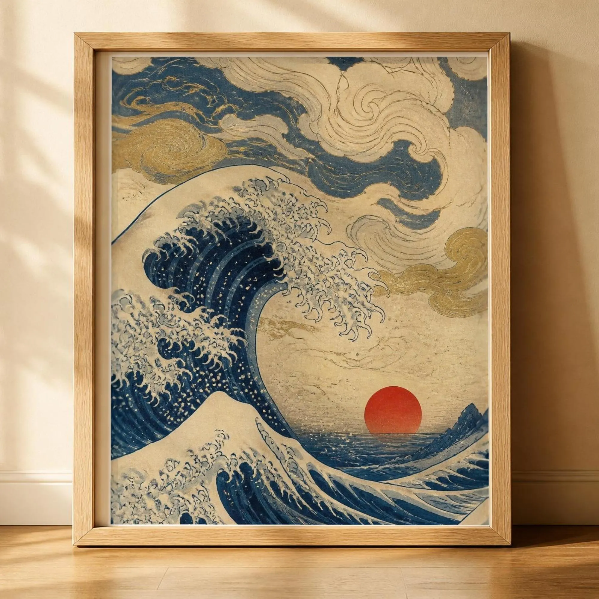 Great Wave Japanese Wall Art Print, Vintage Japanese Woodblock Poster, Navy and Beige Ocean Wave Art, Printable Wall Art, Digital Download