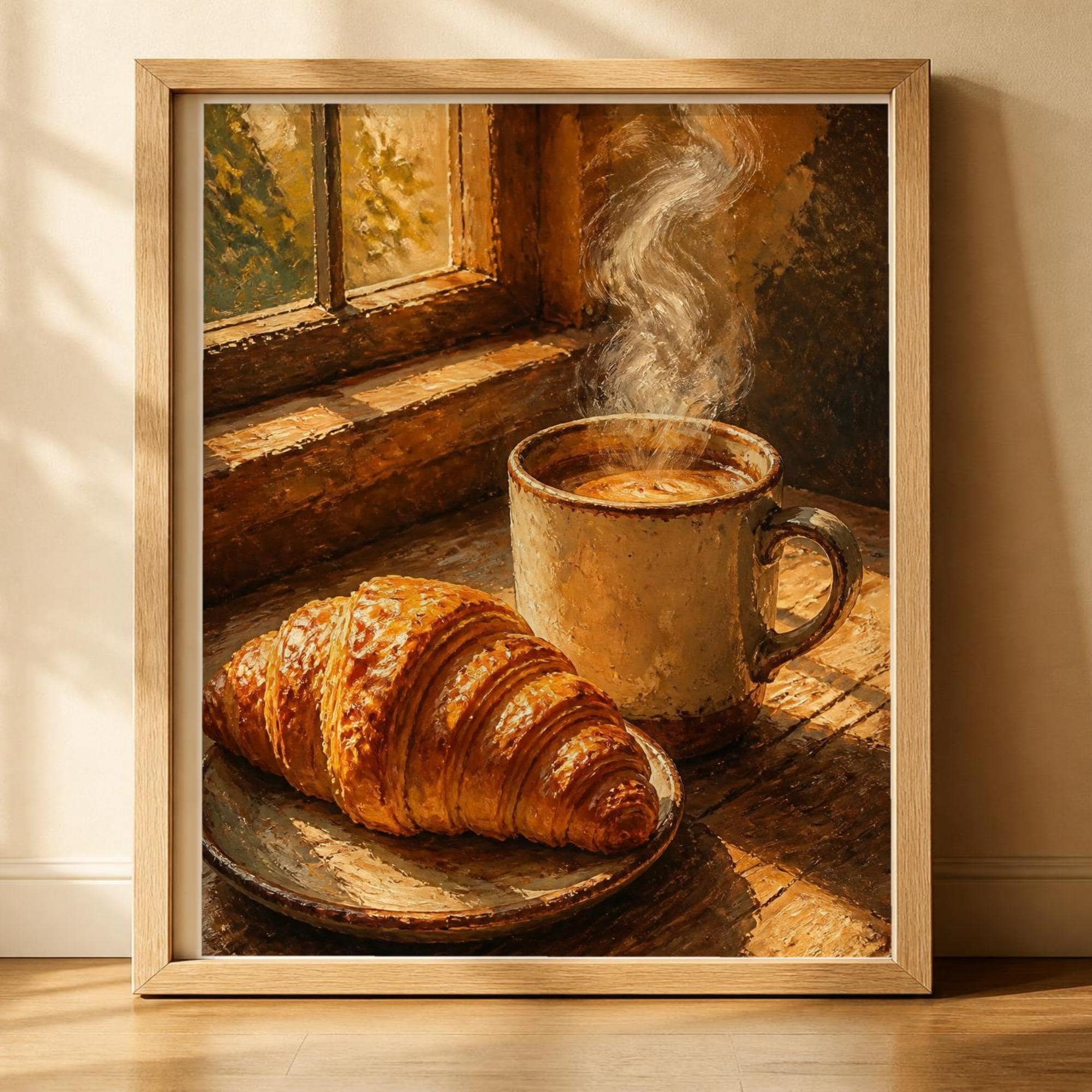 Coffee and Croissant Print, Morning Coffee Oil Painting, Kitchen Wall Art, Coffee Bar Decor, Cozy Cafe Art, Printable Wall Art, Download