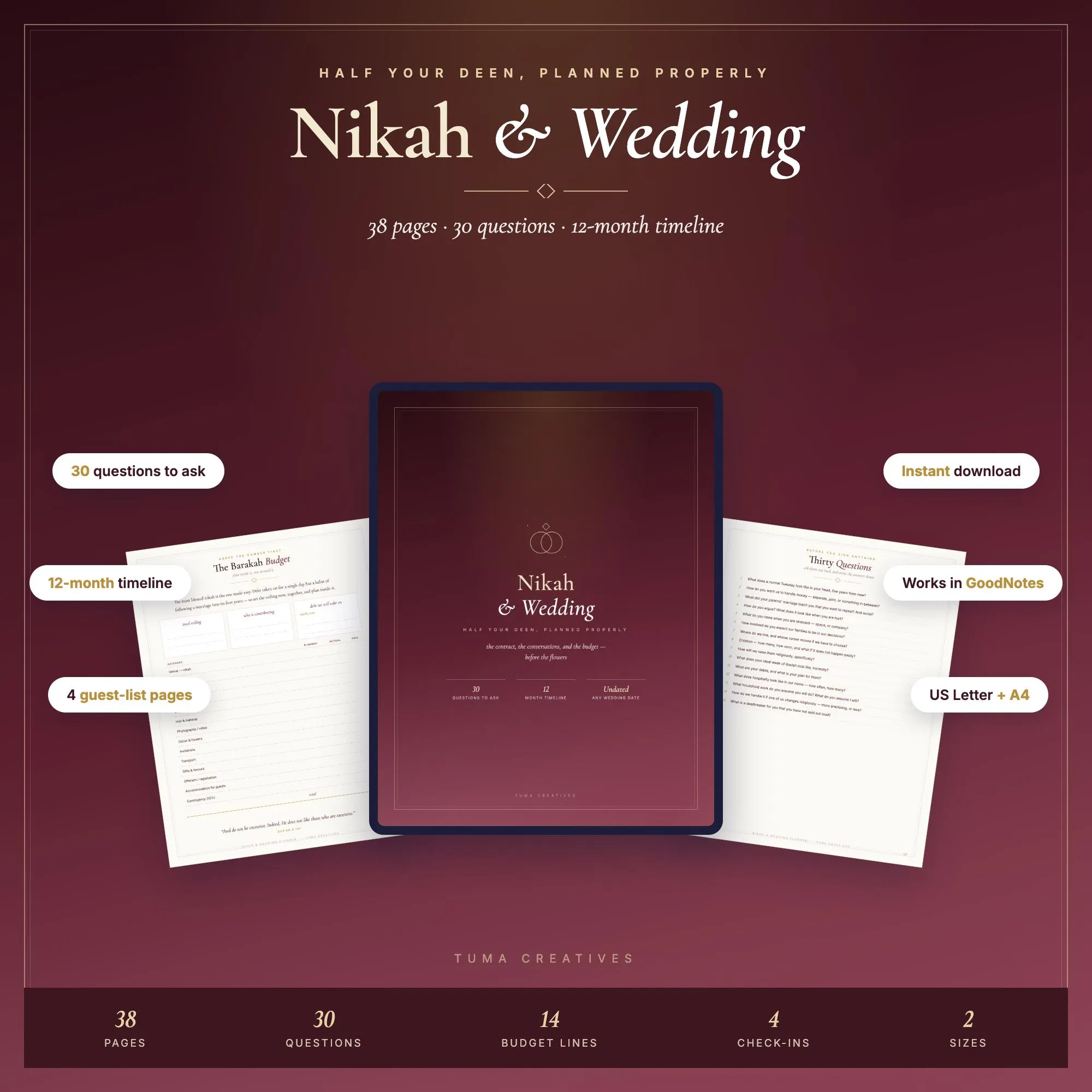 Islamic Nikah Wedding Planner | 38 Pages, Mahr & Walima Checklist (Digital Download)