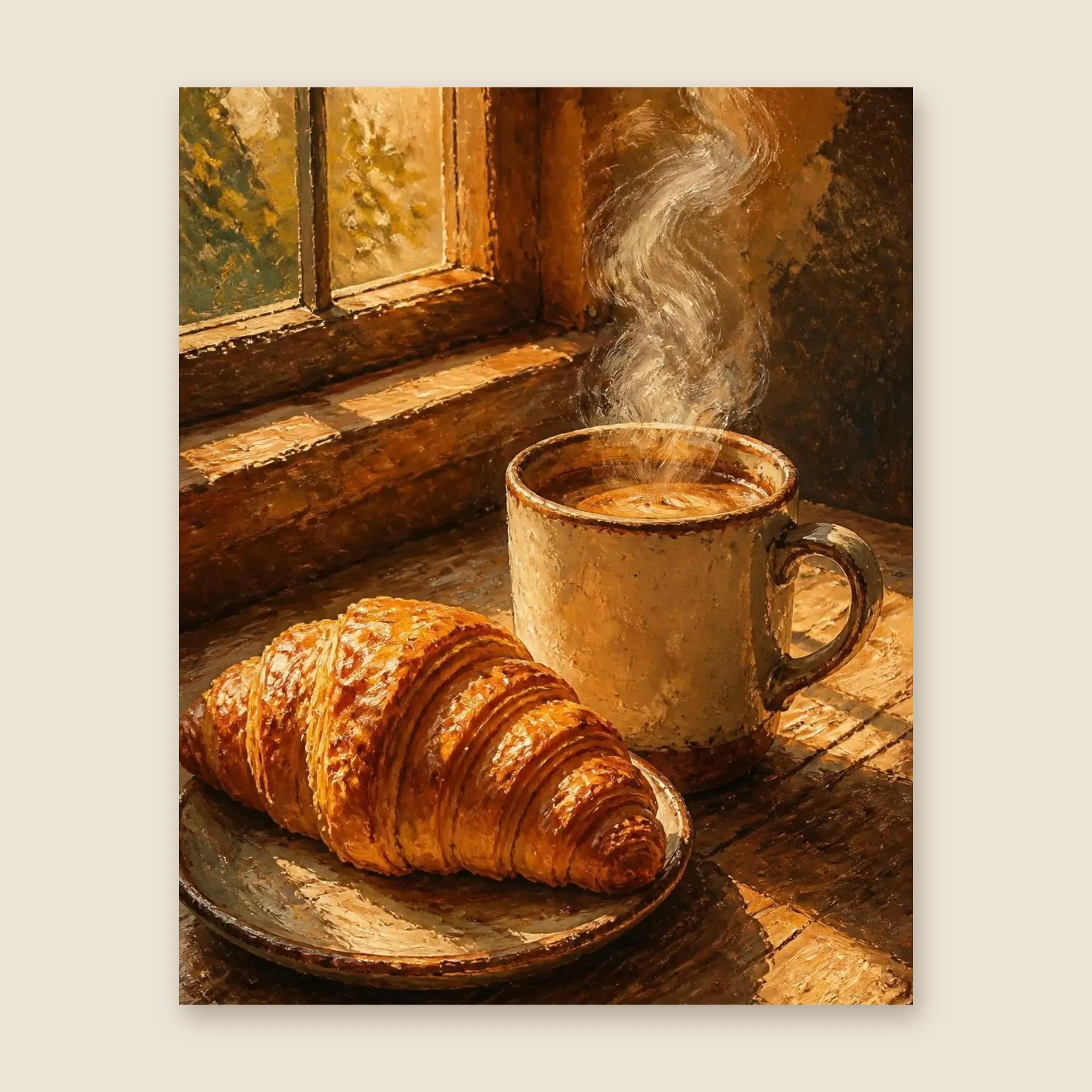 Coffee and Croissant Print, Morning Coffee Oil Painting, Kitchen Wall Art, Coffee Bar Decor, Cozy Cafe Art, Printable Wall Art, Download - image 4