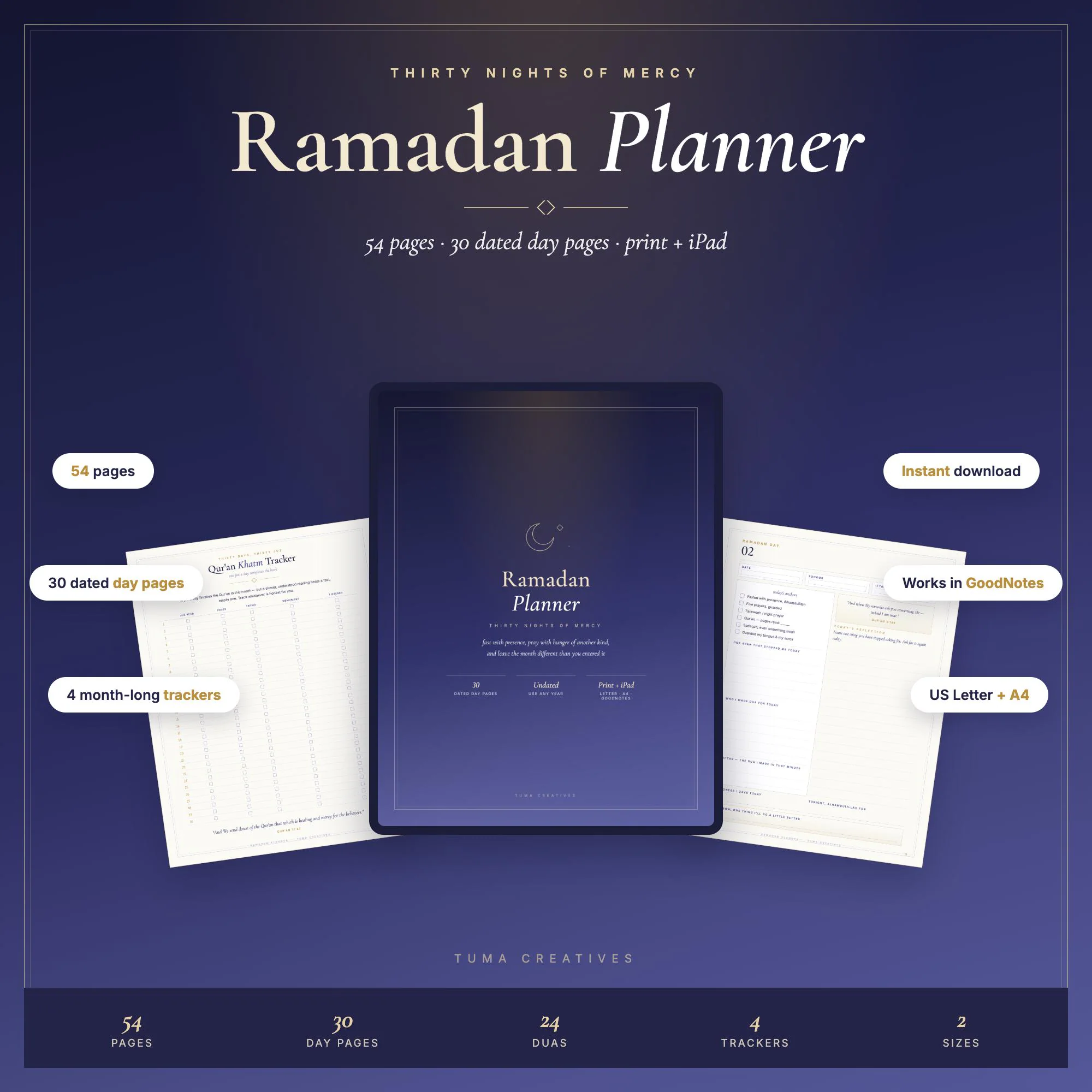 Ramadan Planner Printable | 54 Pages | 30 Day Journal | Quran & Salah Tracker | Goodnotes iPad | Islamic Muslim Planner | Digital Download