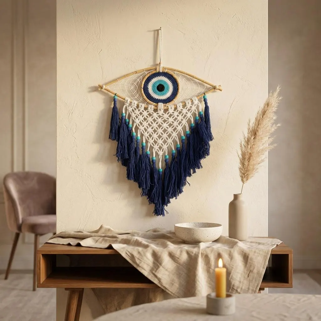Handmade Evil Eye Macrame Wall Hanging, Turkish Boho Protection Charm, Spiritual Fiber Art