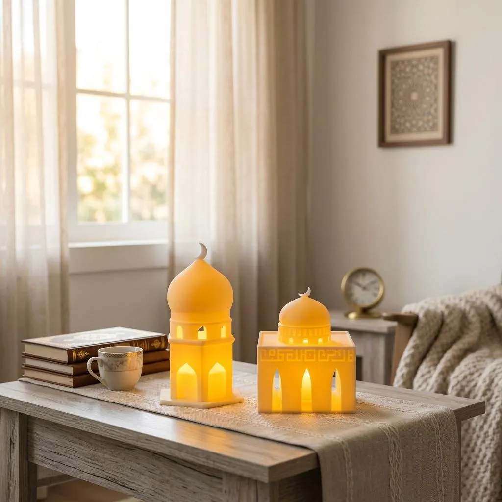 Islamic Mosque Minaret Tealight Holder Set, White Ramadan Lantern Decor