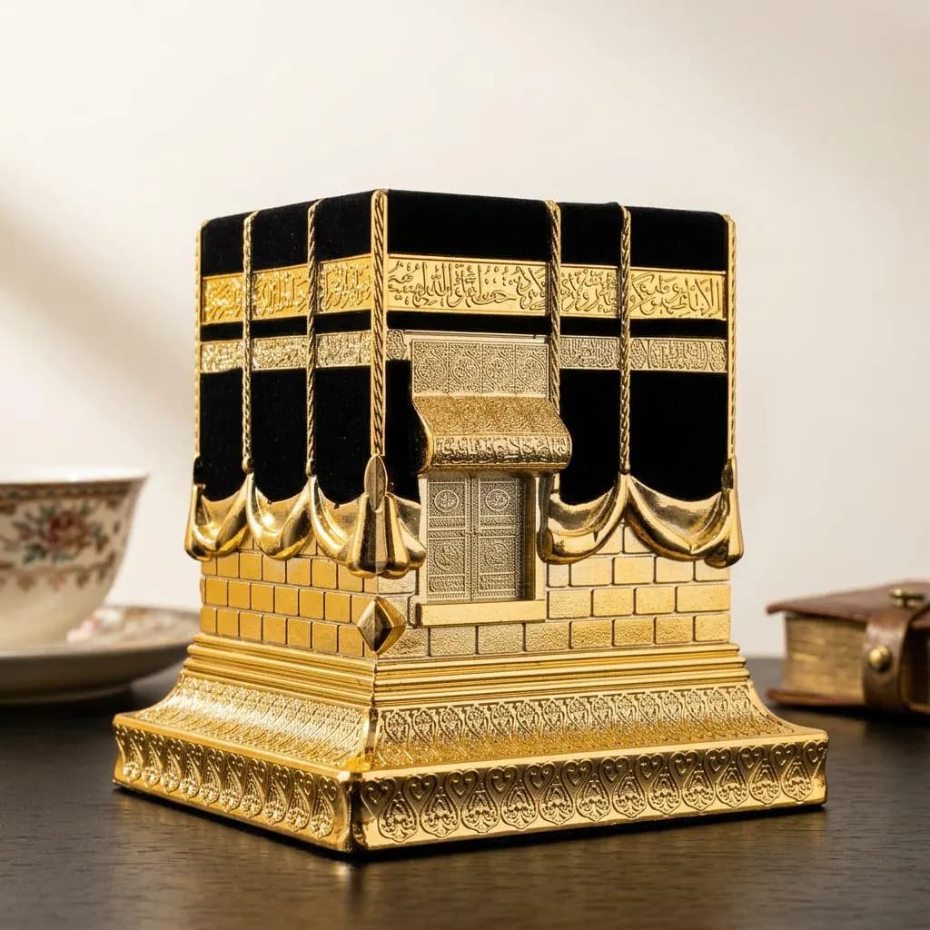 Gold 3D Kaaba Figurine, Islamic Prayer Room Decor, Modern Religious Table Accent