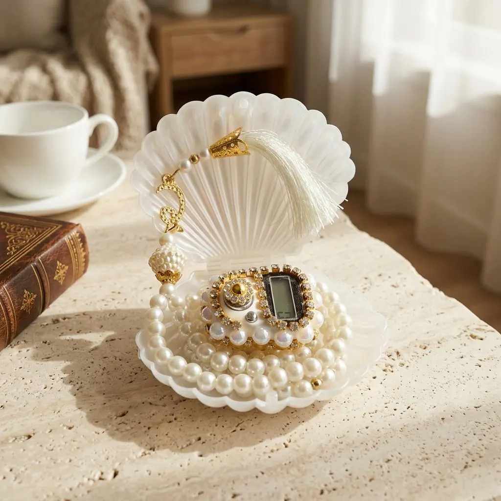 White Tasbih Gift Set, Rhinestone Digital Dhikr Counter, Shell Box, Islamic Prayer Beads