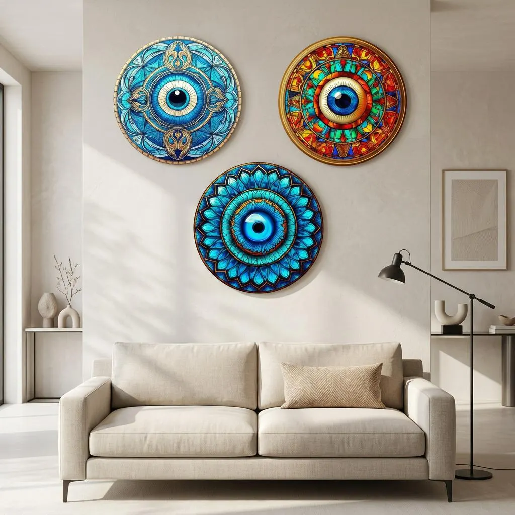 Evil Eye Wall Decor Set, Turkish Mandala Art, Boho Protection Hanging, MDF Wood (22cm)