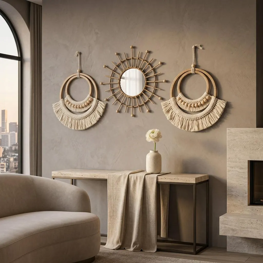 Boho Macrame Wall Decor Set, Sunburst Mirror, Fringed Hangings, Natural Wood Fibers