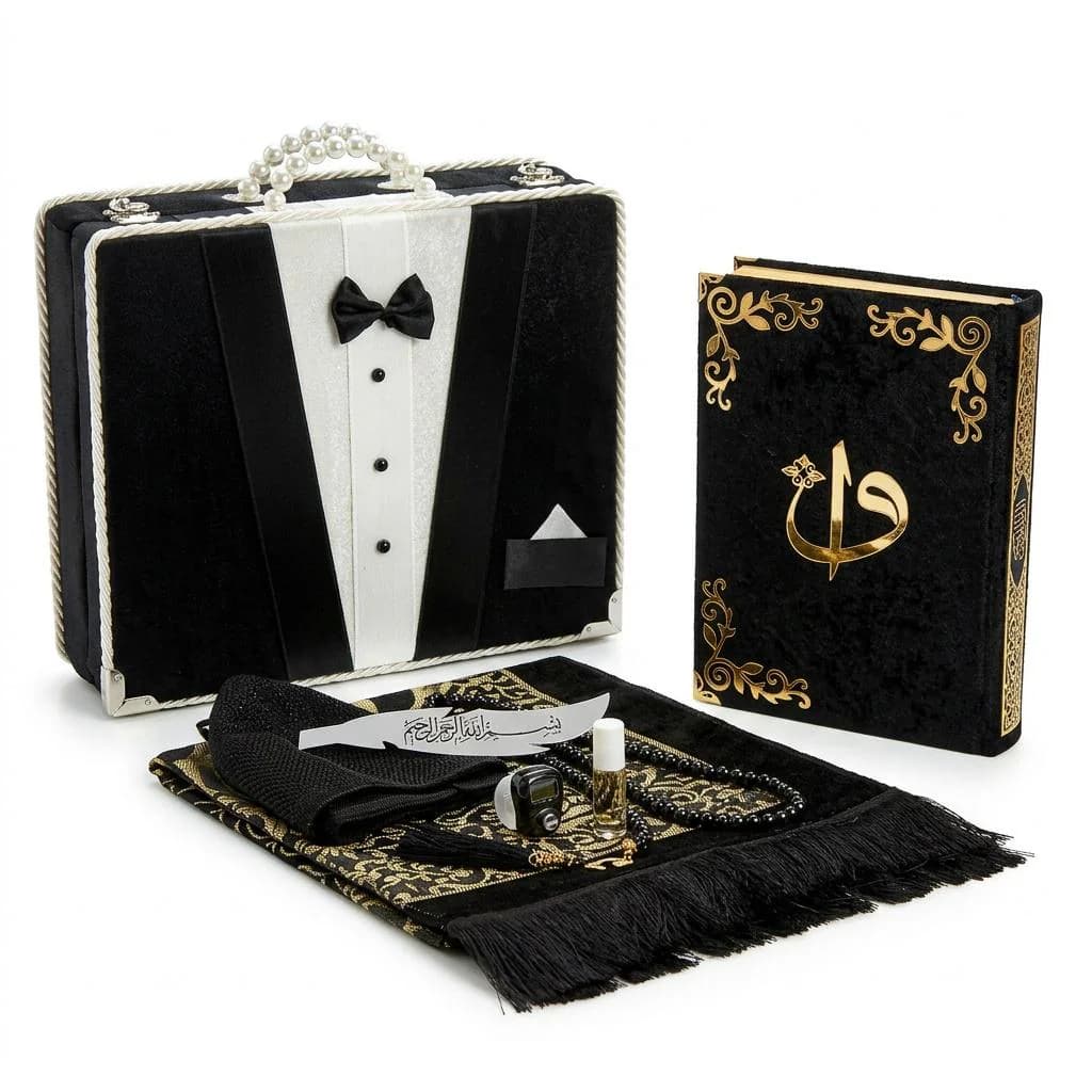 Groom Prayer Rug Gift Set, Black Chenille Mat, Quran, Tasbih Box