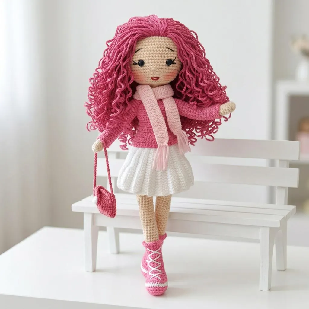 Mia Amigurumi Crochet Doll, Pink Handmade Soft Toy, 30cm Stuffed Girl Gift, Nursery Decor