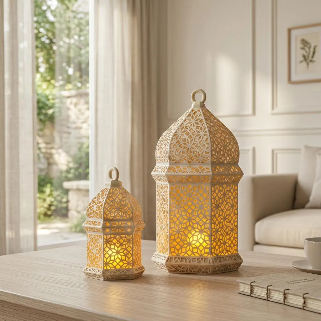 Islamic Ramadan Lantern Candle Holder Set, Beige Plastic Muslim Home Decor (2 Pieces)