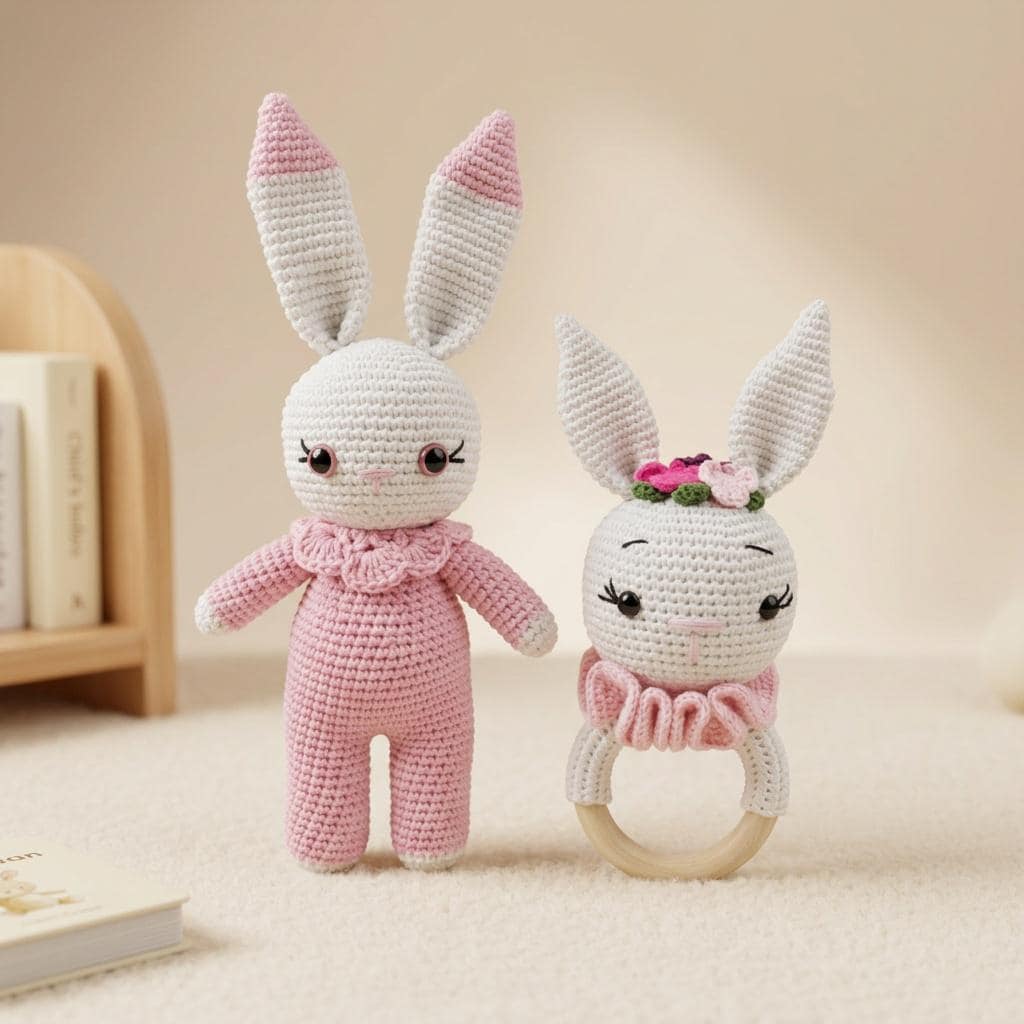 Pink Amigurumi Bunny Rattle Set, Organic Crochet Baby Toy, Soft Rabbit Gift