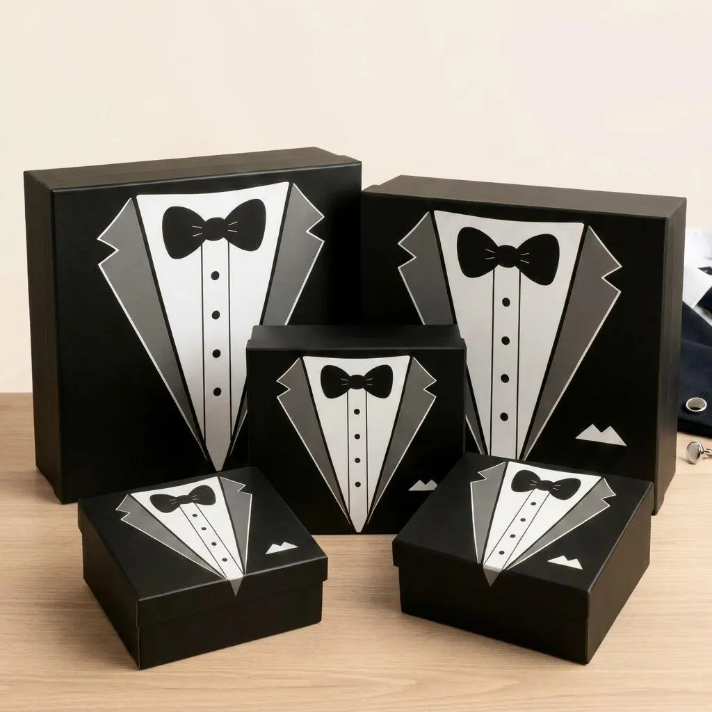 Set of 5 Black Groom Gift Boxes, Tuxedo Presentation Packaging, Wedding Dowry Presentation
