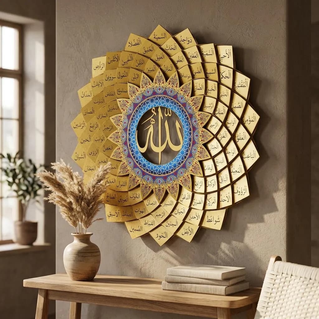 99 Names of Allah Metal Wall Art, Gold Islamic Decor, 3D Esmaul Husna Hanging