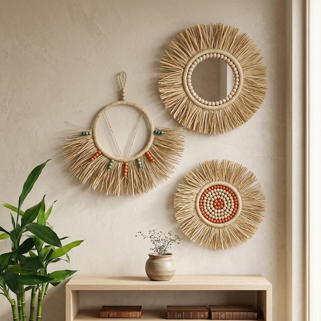 Set 3 Boho Raffia Wall Decor, Natural Straw Mirror, Wood Bead Hanging, Rustic Art