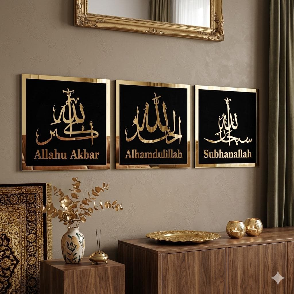 Islamic Wall Art Set: Subhanallah, Alhamdulillah, Allahu Akbar Arabic Calligraphy Home Decor