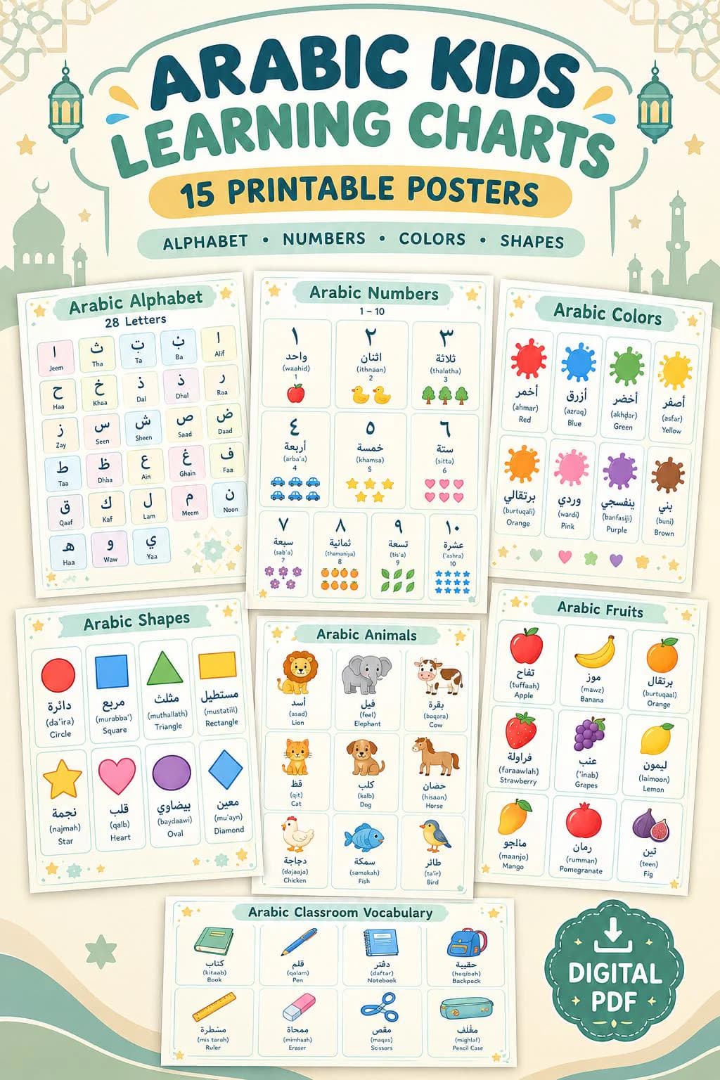 Arabic Alphabet & Numbers Chart | Printable Arabic Learning Posters for Kids | Muslim Homeschool Classroom Decor | Arabic Letters