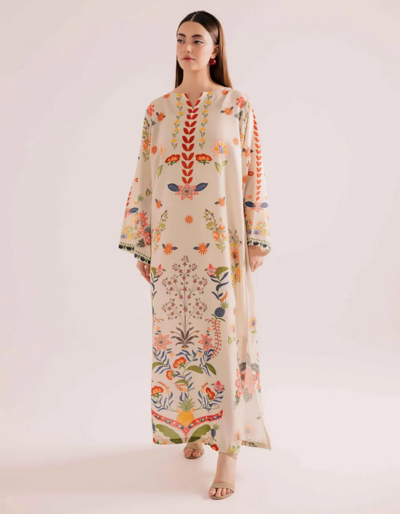 Printed Raw Silk Kaftan Artisan Dress with sleeves