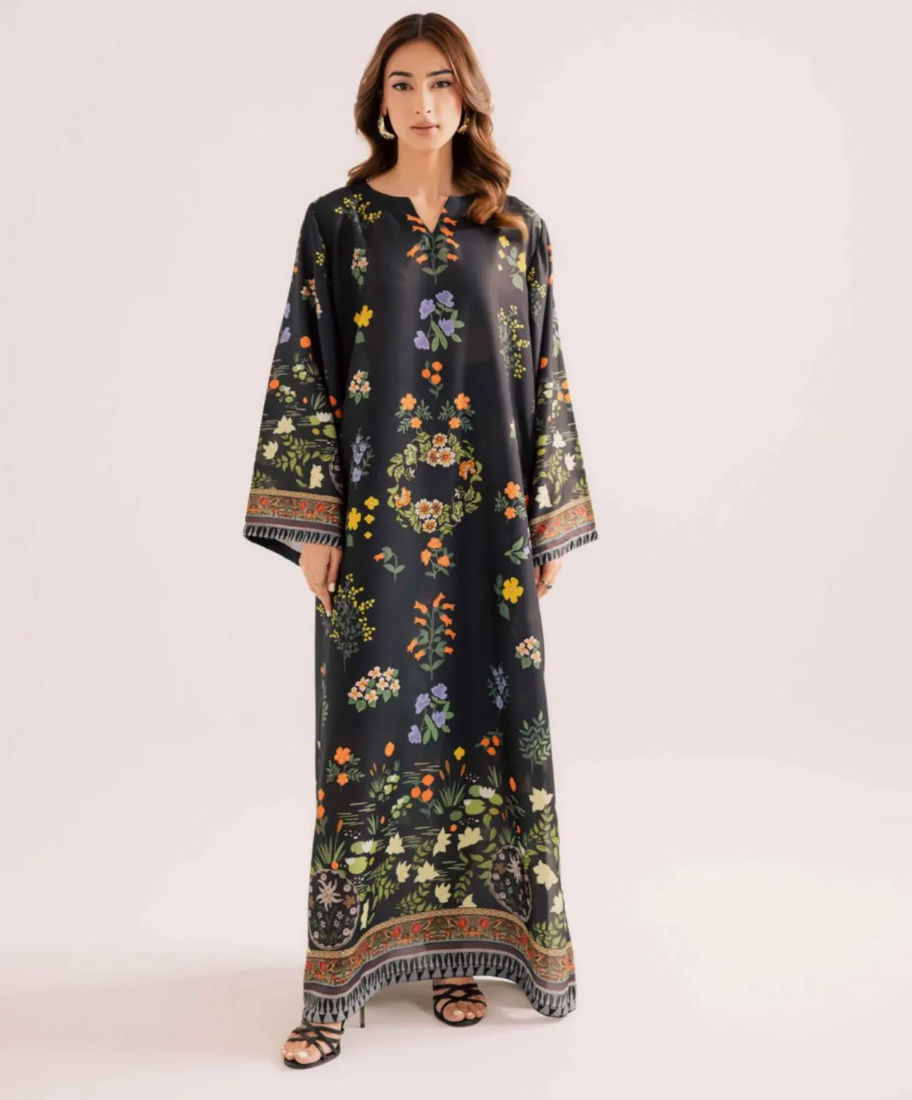 Printed Raw Silk Kaftan Artisan Dress with sleeves