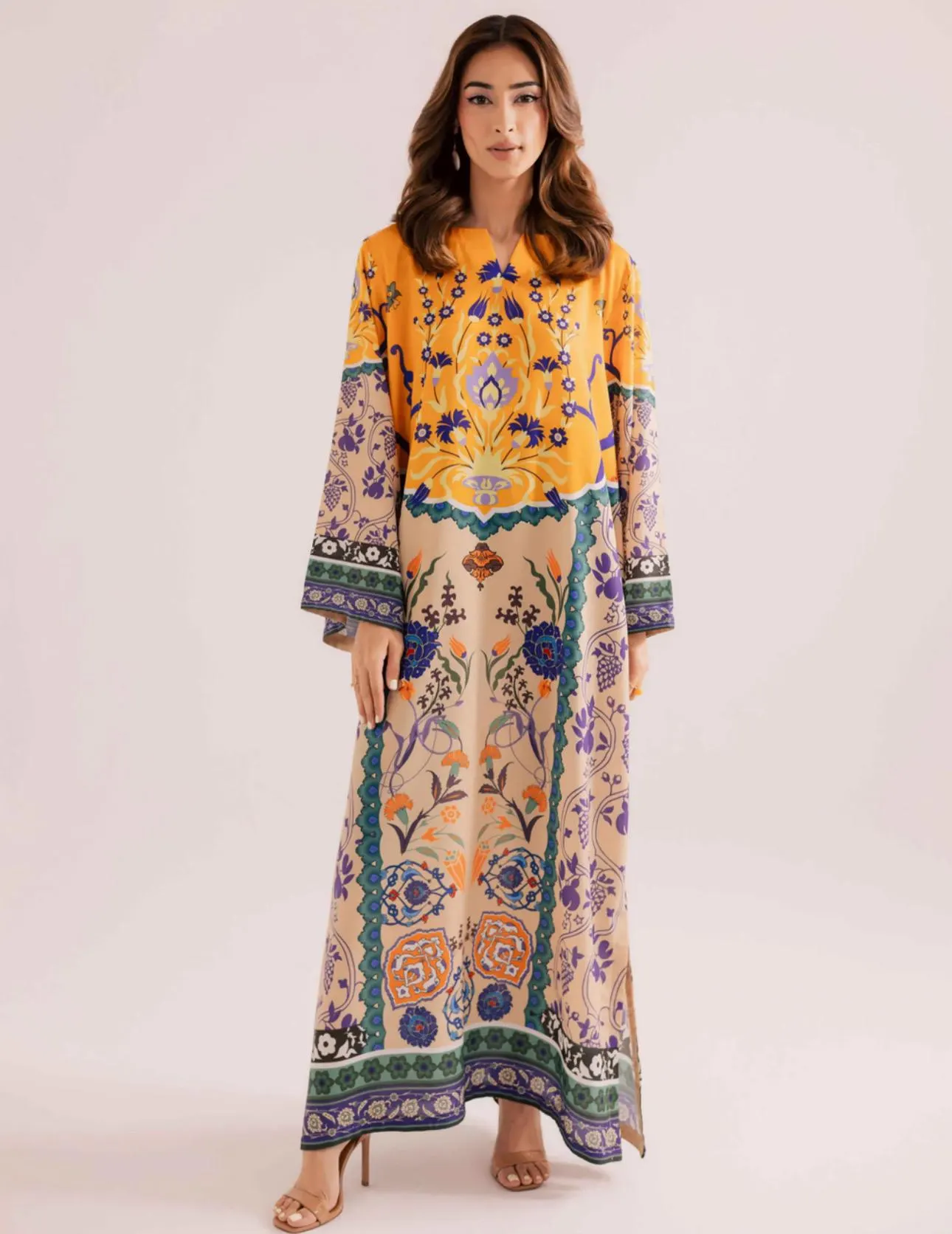 Printed Raw Silk Kaftan Artisan Dress with sleeves