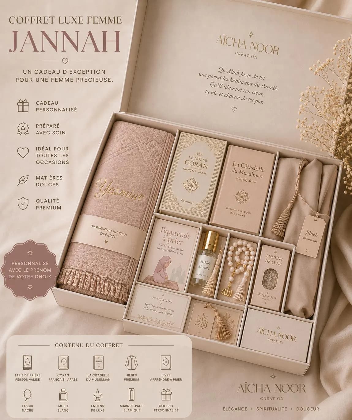 Coffret luxe islamique personnalisé – Coran français arabe – tapis premium – jilbeb ou qamis – cadeau musulman haut de gamme