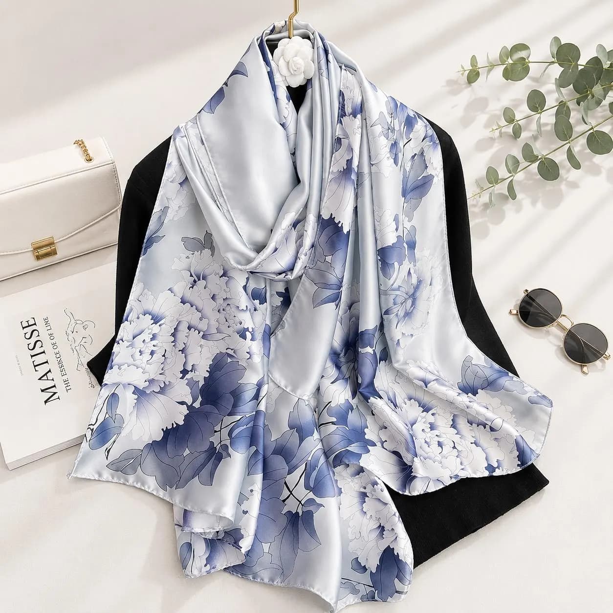 Luxury Floral Silk Scarf for Women, Satin Head Wrap, Lightweight Shawl, Soft Fashion Bandana, Gift for Her, Boho Stole