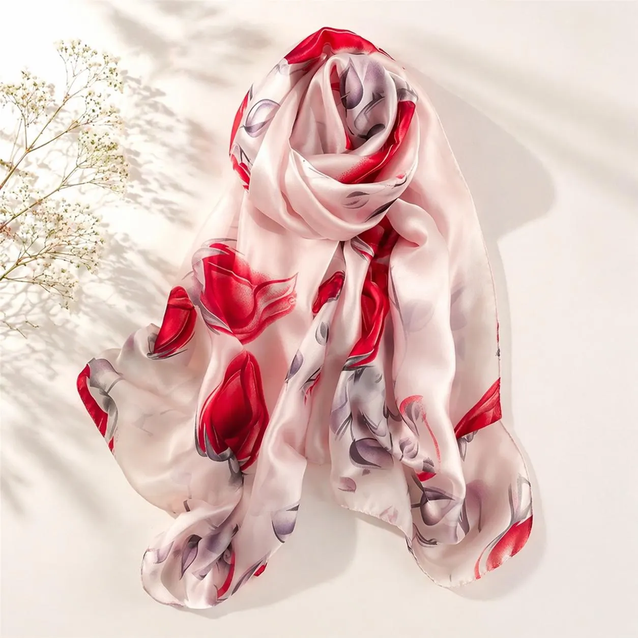 Floral Satin Silk Scarf Women, Lightweight Elegant Headscarf Wrap (180x90cm), Gift for Her - image 4
