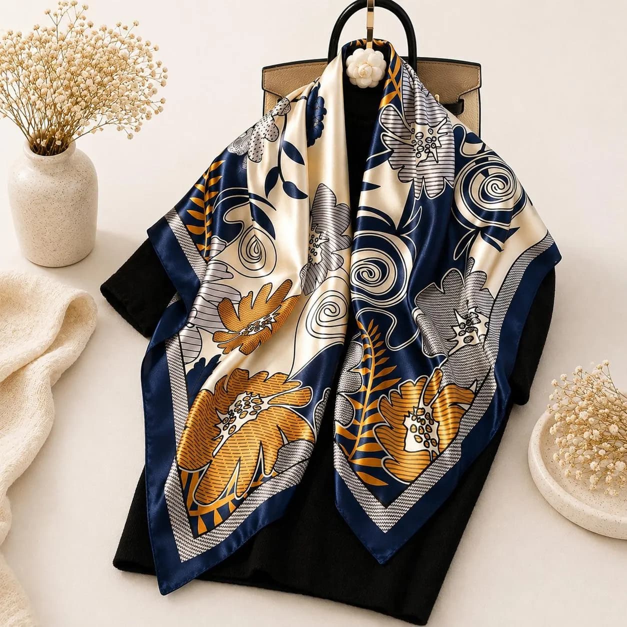 Floral Silk Scarf Shawl: Elegant Satin-Feel Headscarf Bandana Wrap, Elegant Gift for Her - image 3