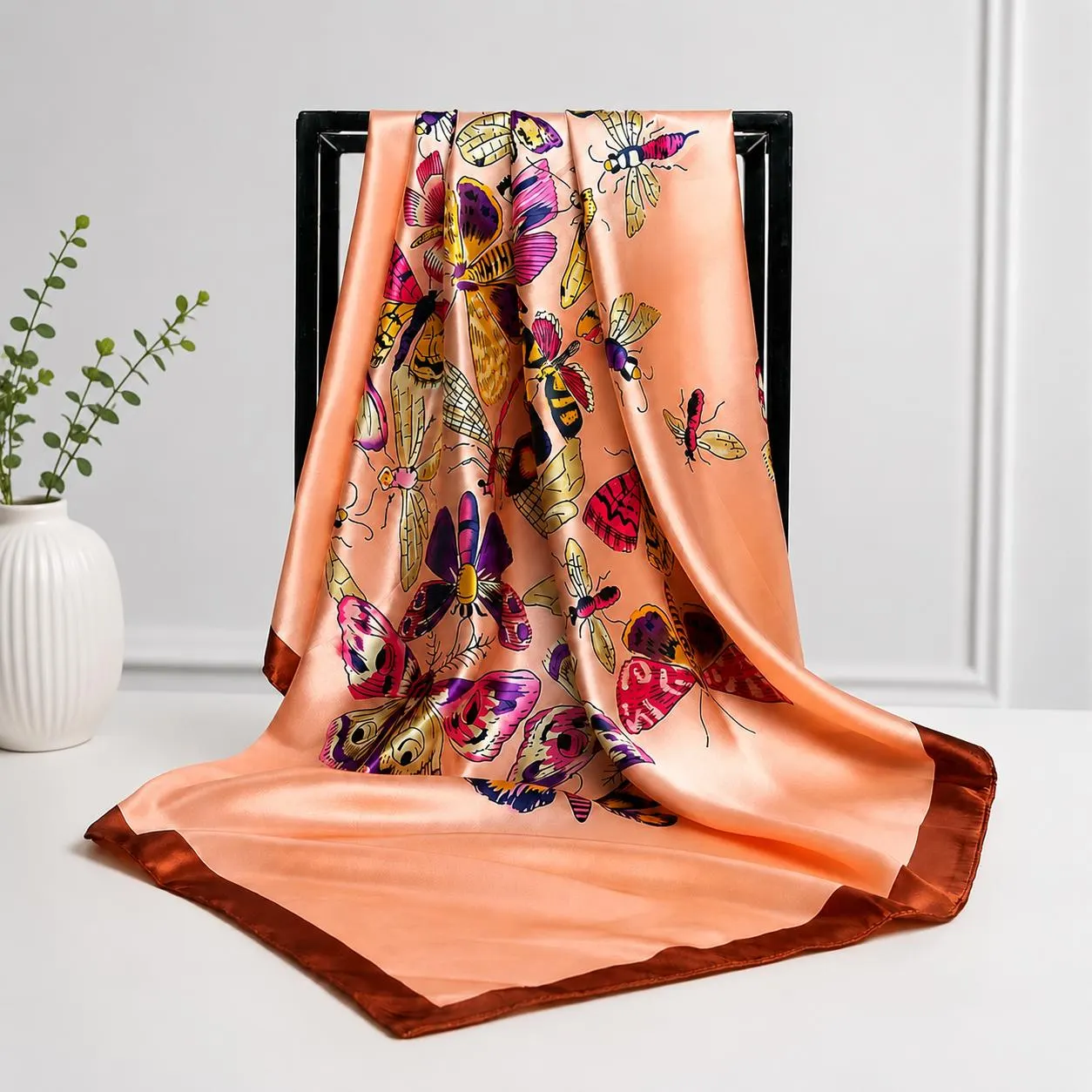 Satin Silk Butterfly Print Square Scarf, Lightweight Floral Head Wrap, Boho Shawl (90x90cm) - image 4