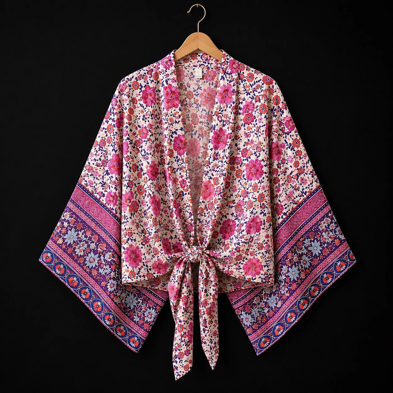 Boho Floral Kimono Top, Pink Tie Front Blouse, Floral Wrap Cardigan, Lightweight Beach Cover Up, Women Summer Kimono - image 4