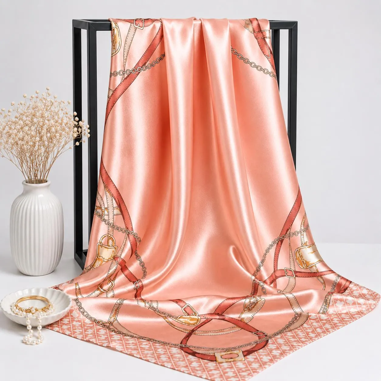Floral Satin Silk Scarf Women, Elegant Square Hijab, Hair Wrap Bandana, Soft Shawl - image 3