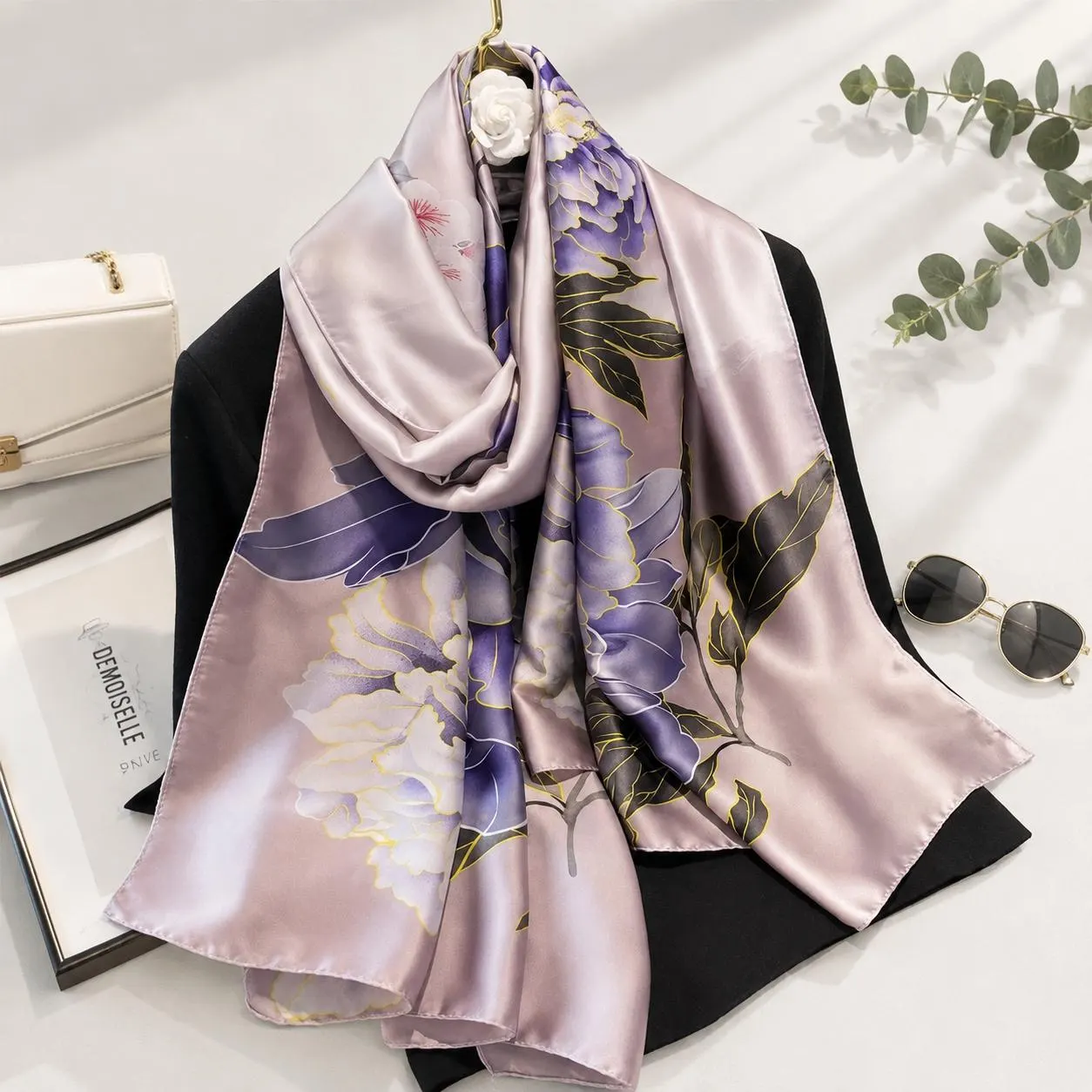 Luxury Floral Silk Scarf for Women, Satin Head Wrap, Lightweight Shawl, Soft Fashion Bandana, Gift for Her, Boho Stole - image 4